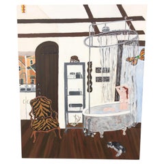Magical Contemporary Folk Art Painting of Artist in Studio Bathtub