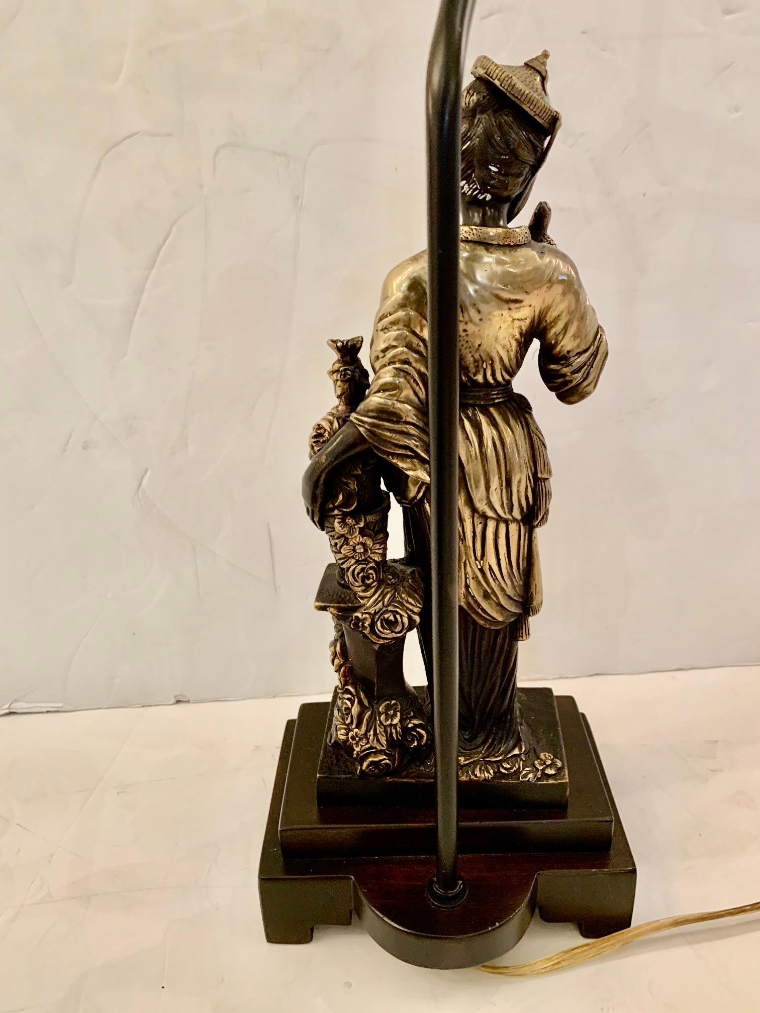 Metal Magical Elegant Silver and Bronze Patina Asian Figural Lamp For Sale