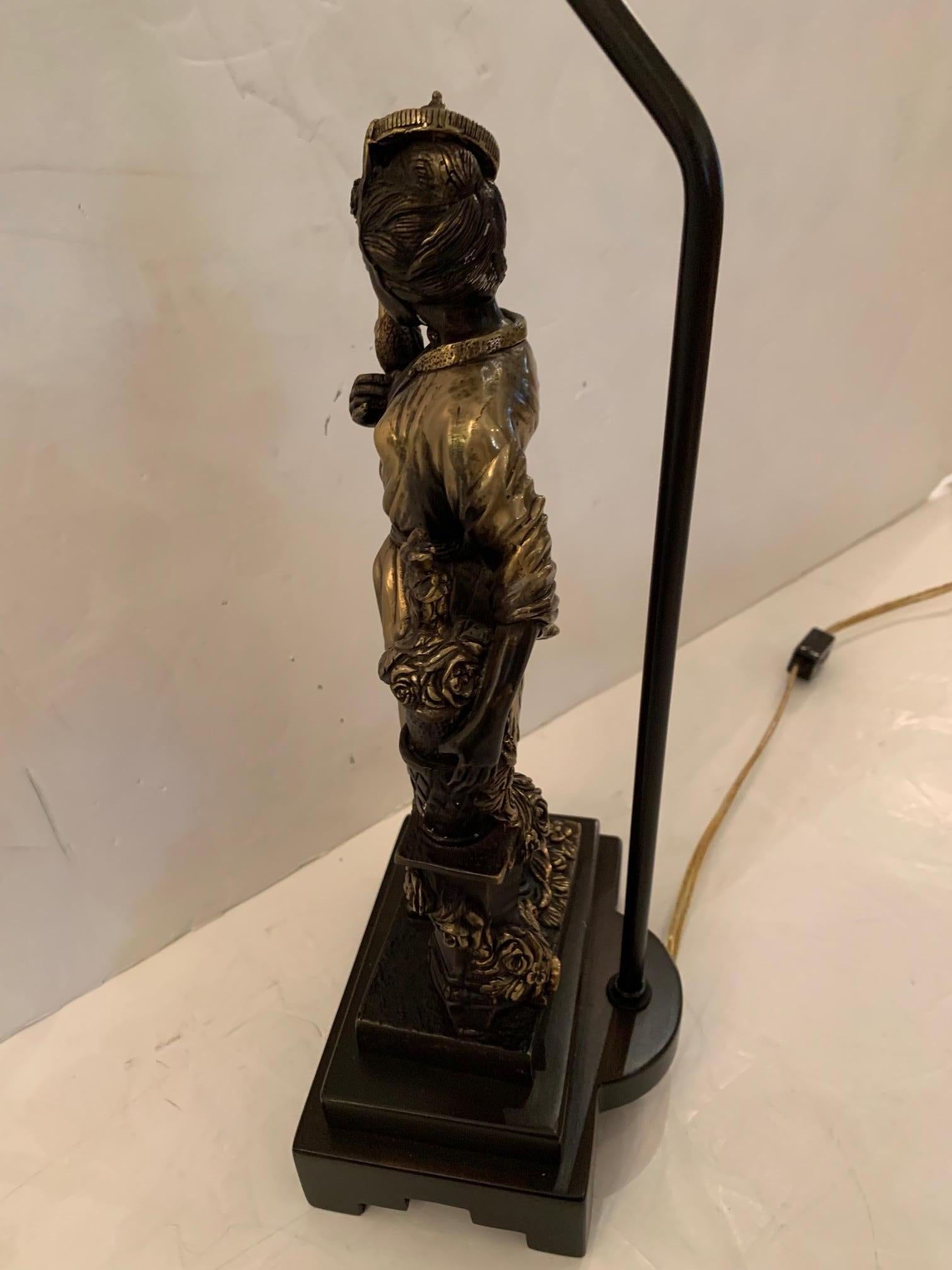 Magical Elegant Silver and Bronze Patina Asian Figural Lamp For Sale 4