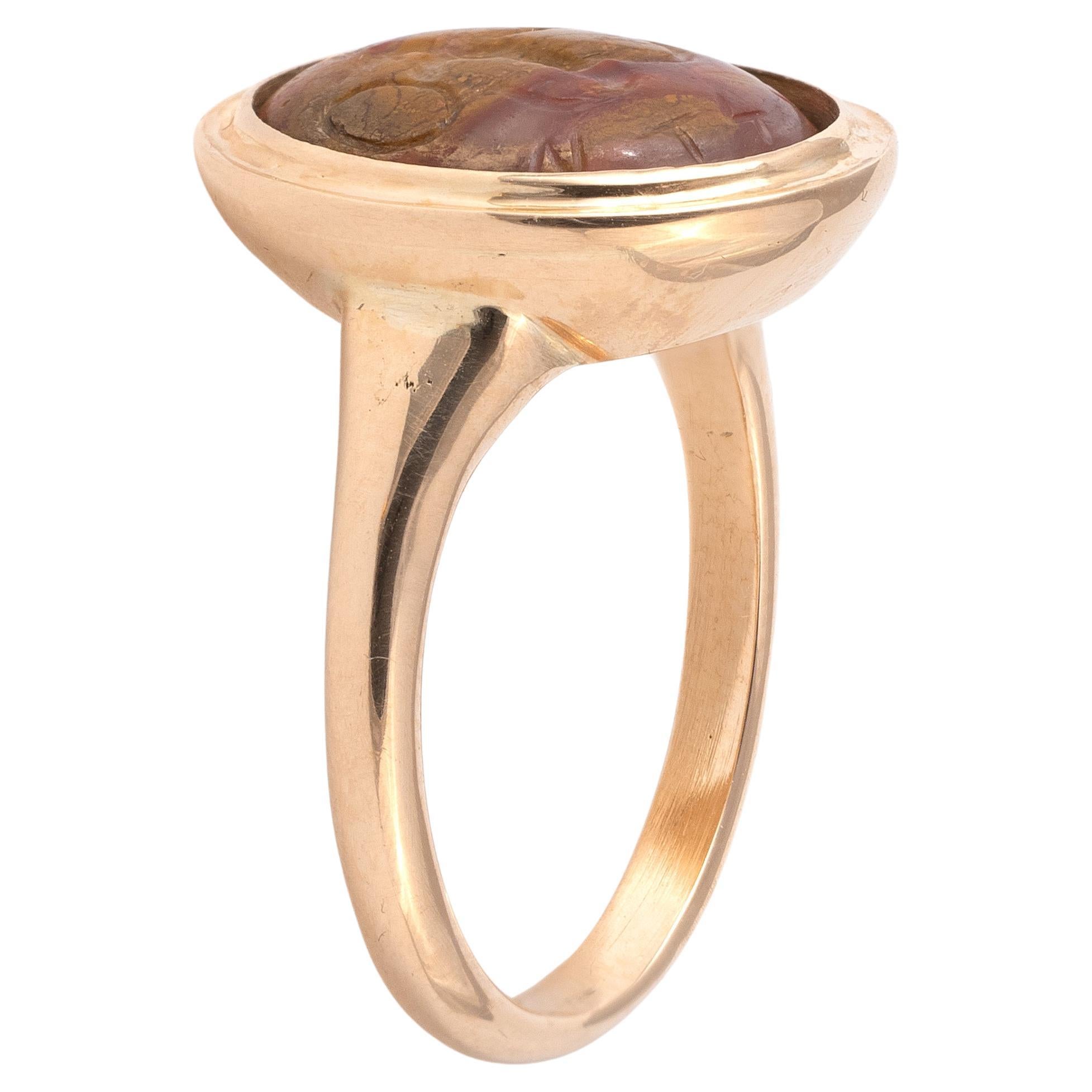 Anillo Mágico de Oro con Calcografía de Piedra Abraxas de Jaspe Antiguo Sin cortar en venta