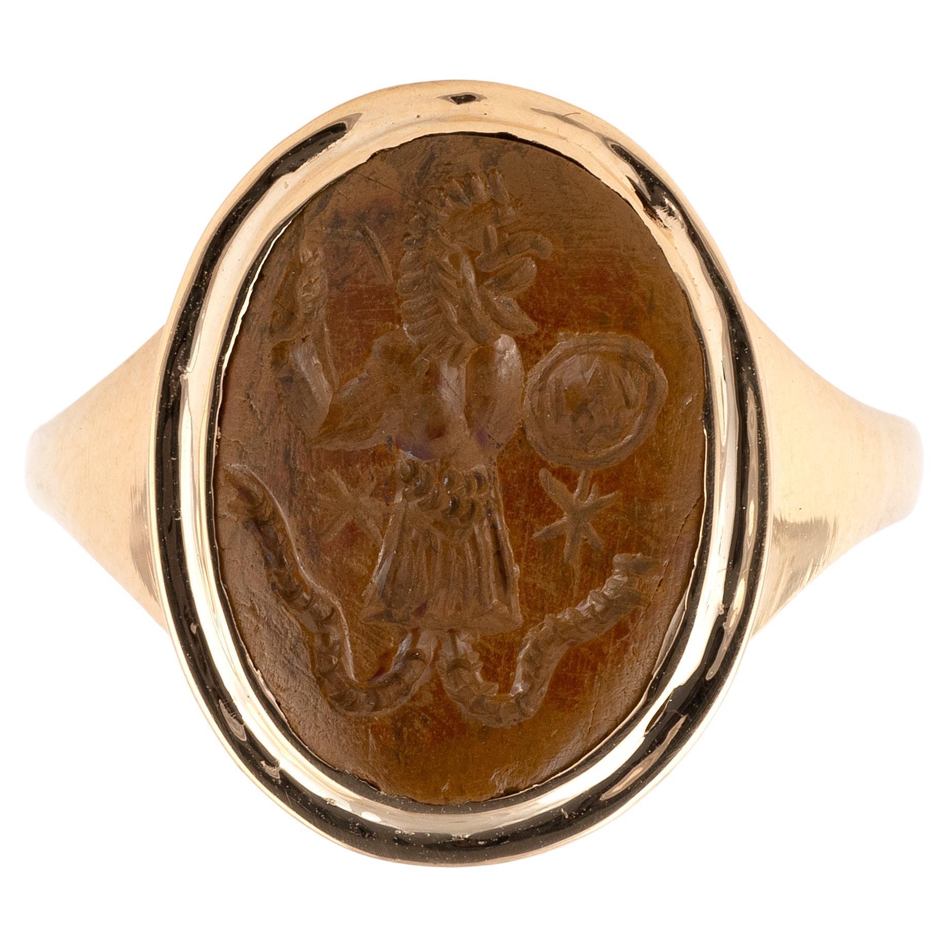 Non taillé Bague magique en or avec une intaille en jaspe ancien et en pierre d'Abraxas en vente