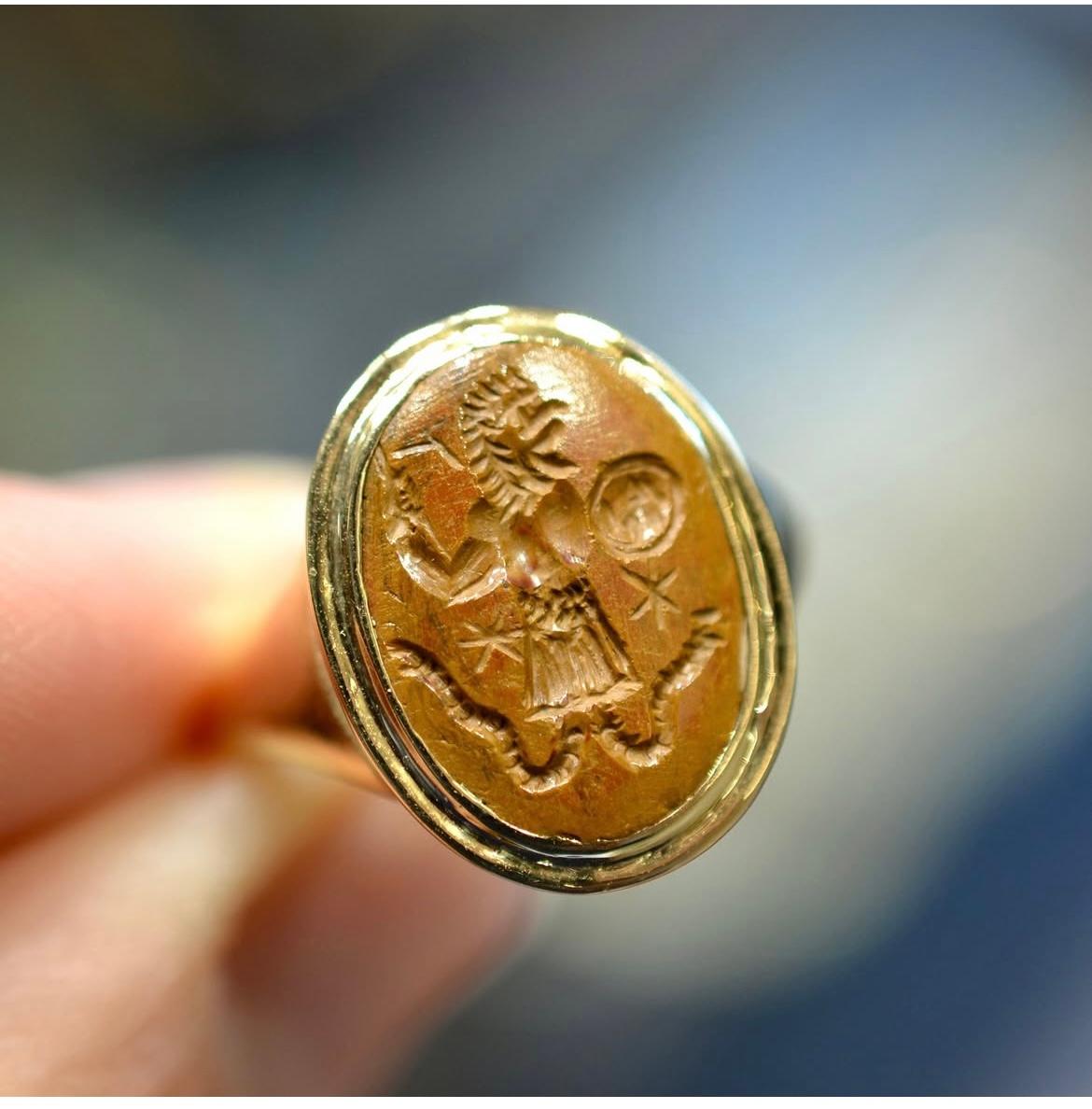 Women's or Men's Magical Gold Ring With An Ancient Jasper Abraxas Stone Intaglio
