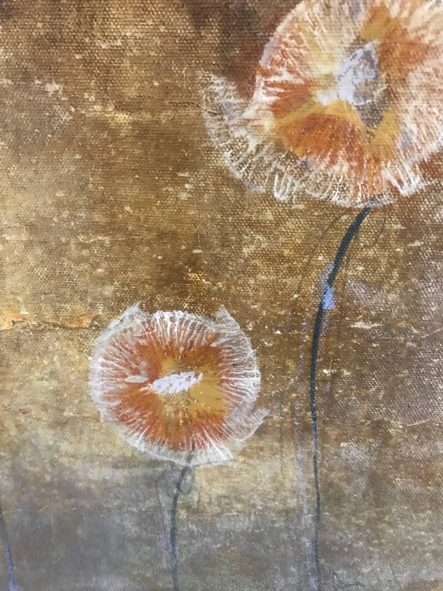 A Maeve Harris original painting titled “Joline”, having a gorgeous gold and silver metallic ground with dandelion like forms in earthy oranges, gold and white.