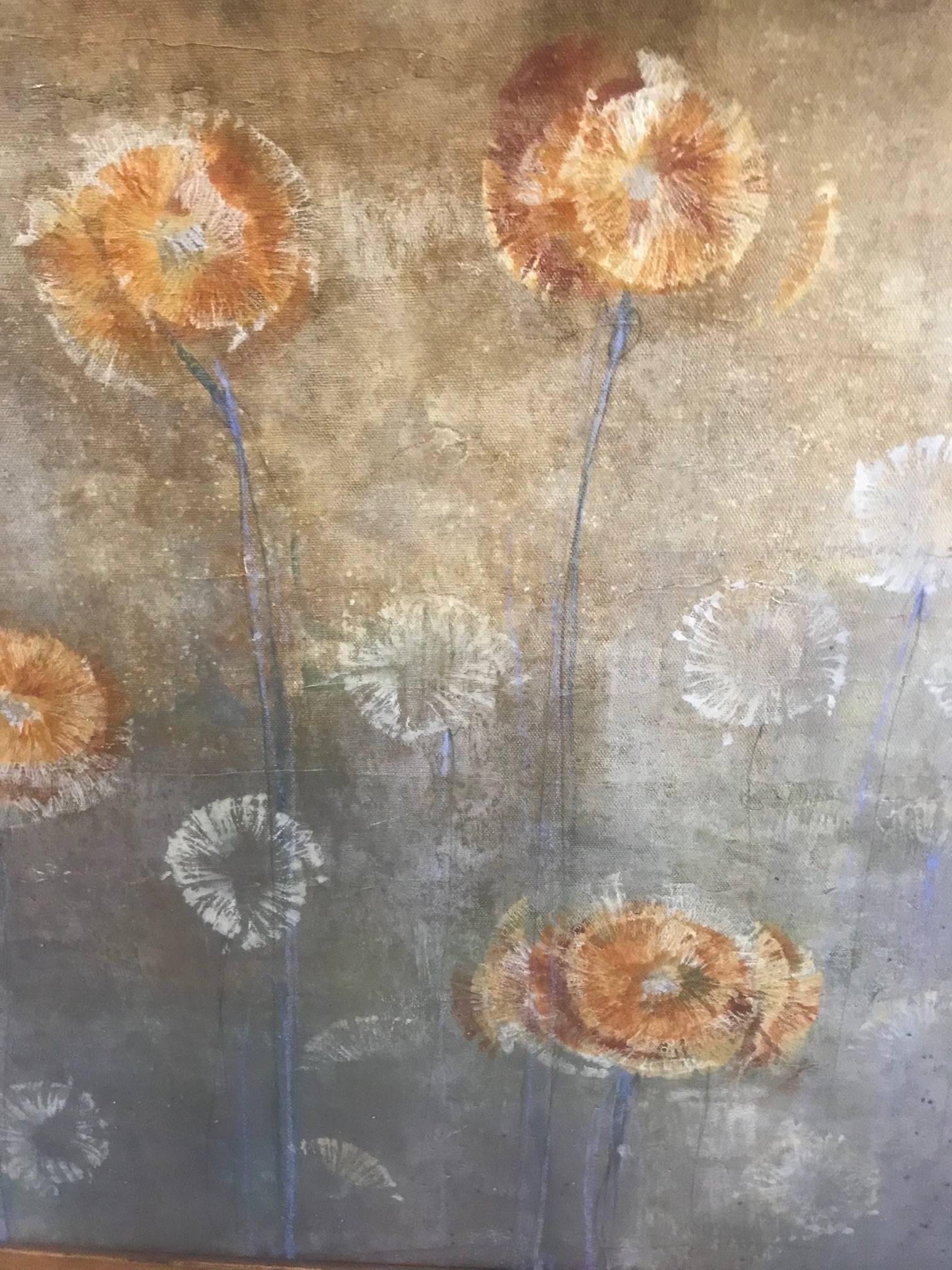Magical Gold Silver Leaf and Acrylic Large Horizontal Painting of Dandelions In Excellent Condition In Hopewell, NJ