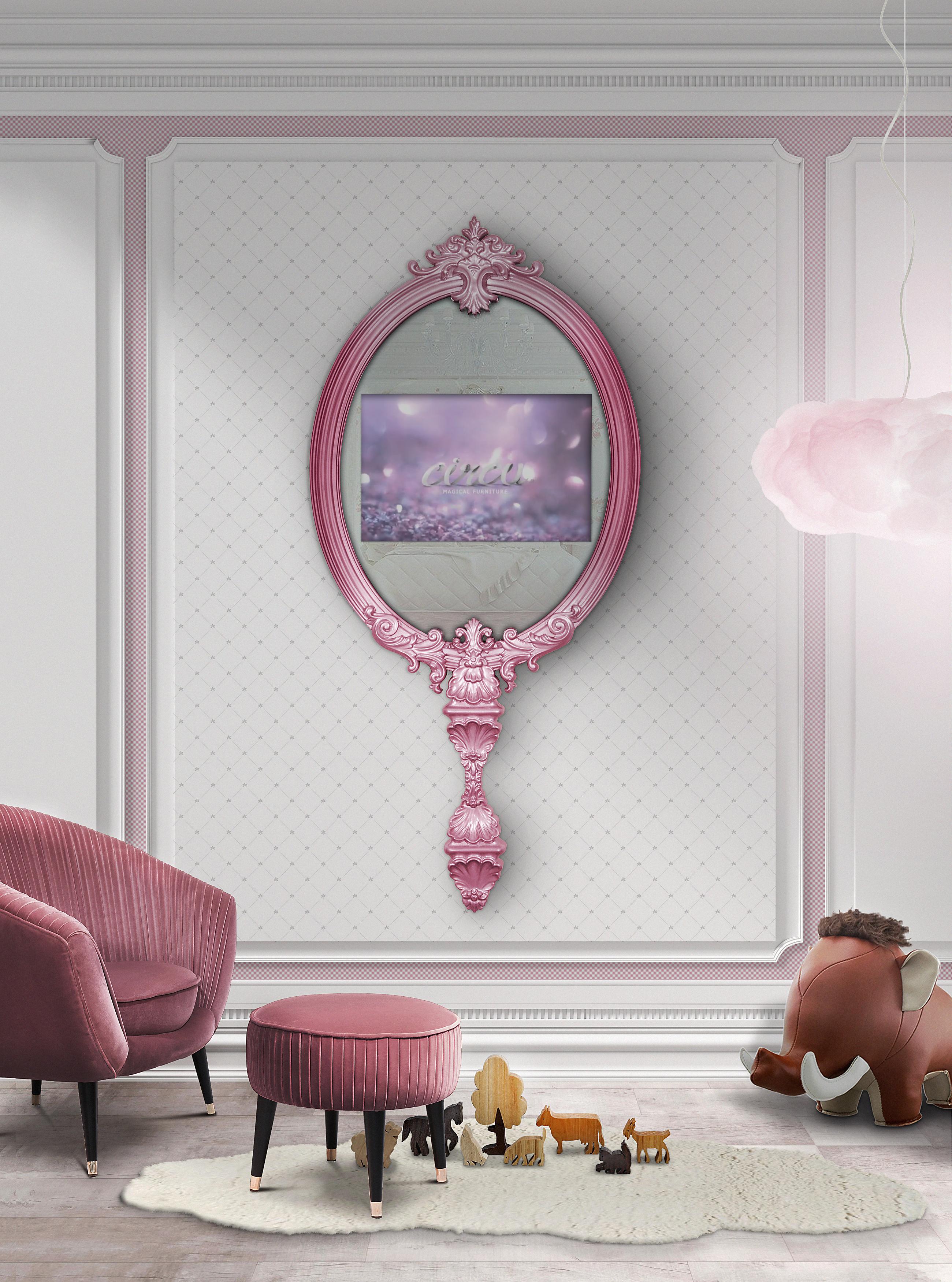 Glass Magical Kids Mirror in Pink with Wood Frame and a TV by Circu Magical Furniture For Sale