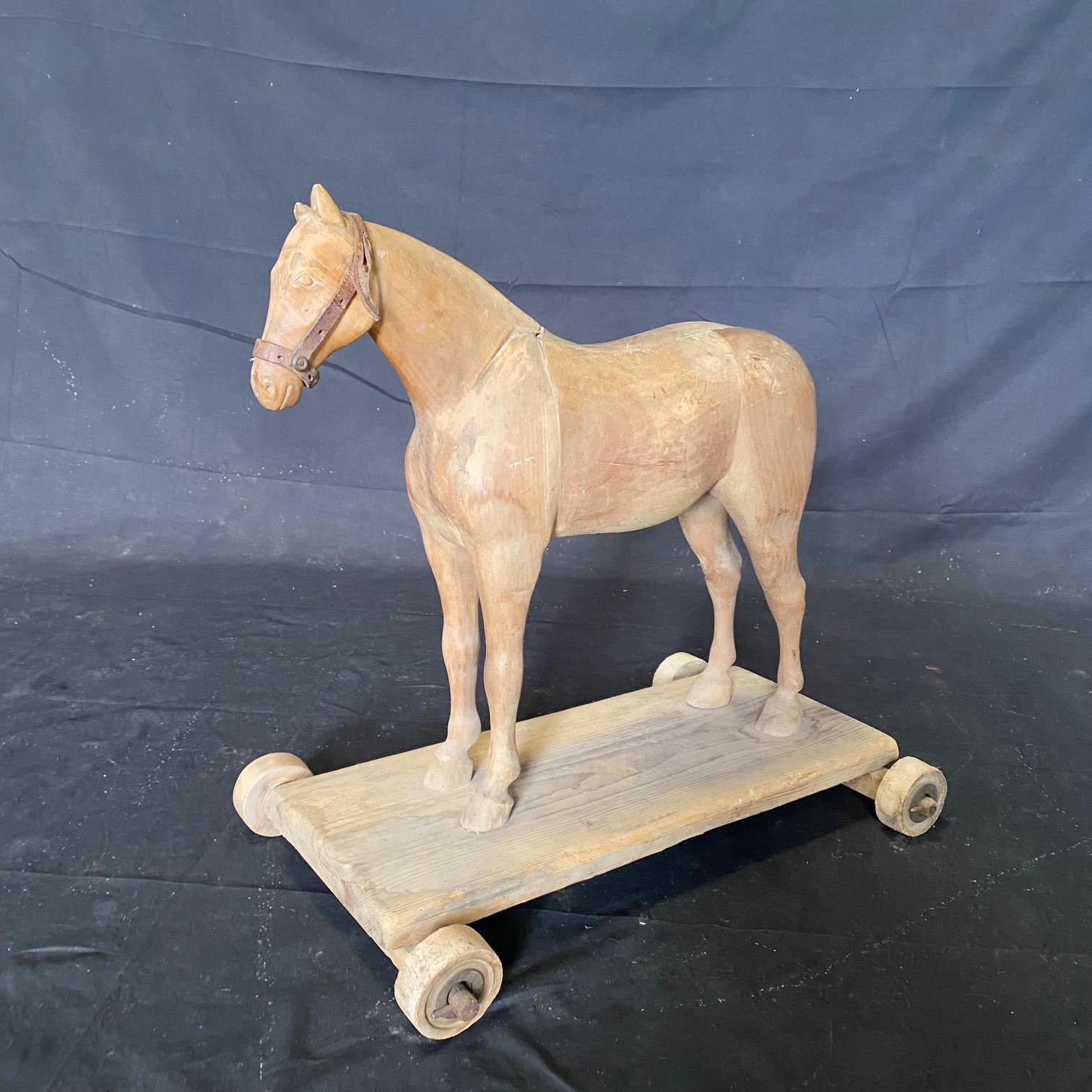 Magical Large 19th Century French Beautifully Carved Wooden Horse Pull Toy For Sale 9