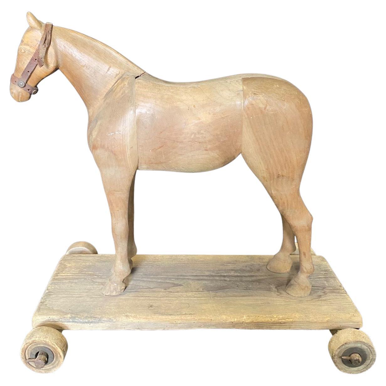 Magische große 19. Jahrhundert Französisch schön geschnitzt hölzerne Pferd ziehen Spielzeug