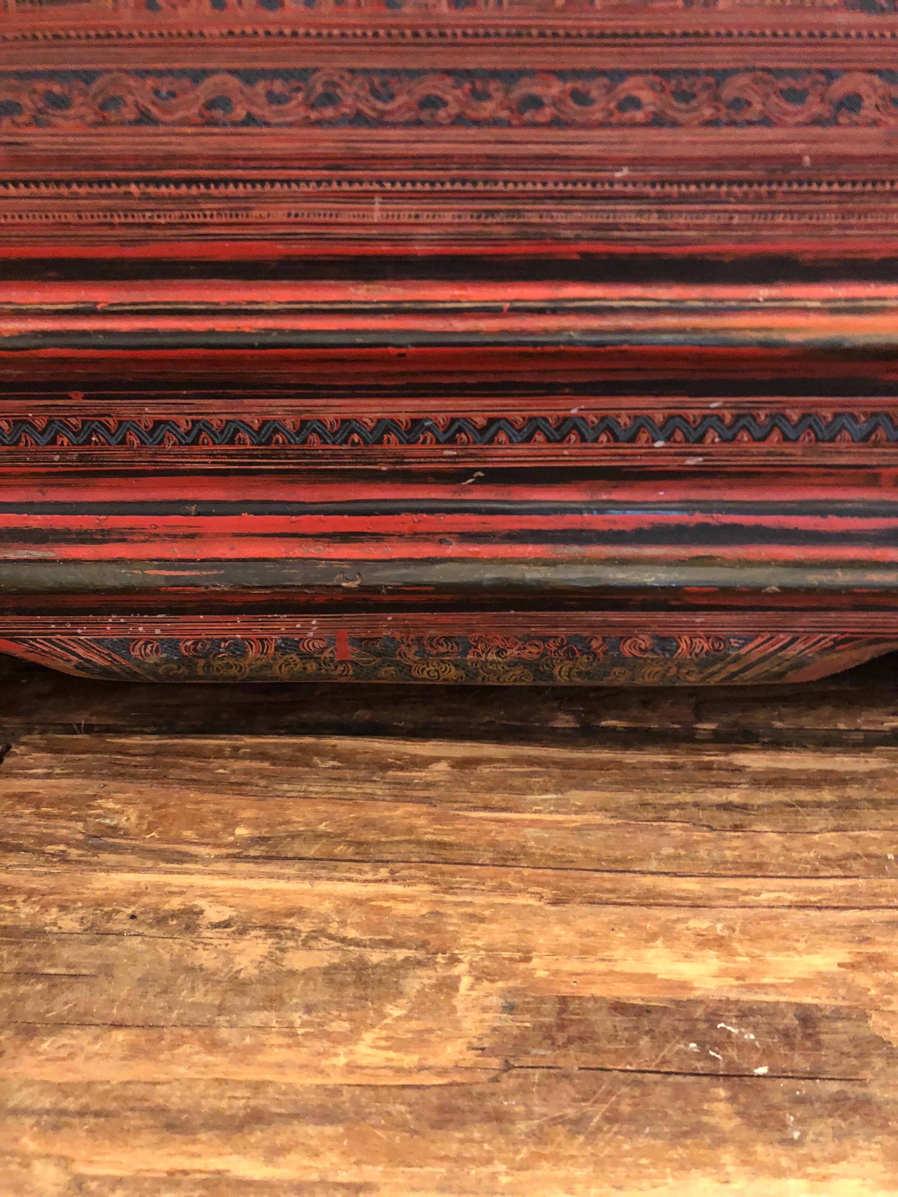 Magical Old Chinese Box in Faded Cinnabar In Distressed Condition For Sale In Hopewell, NJ