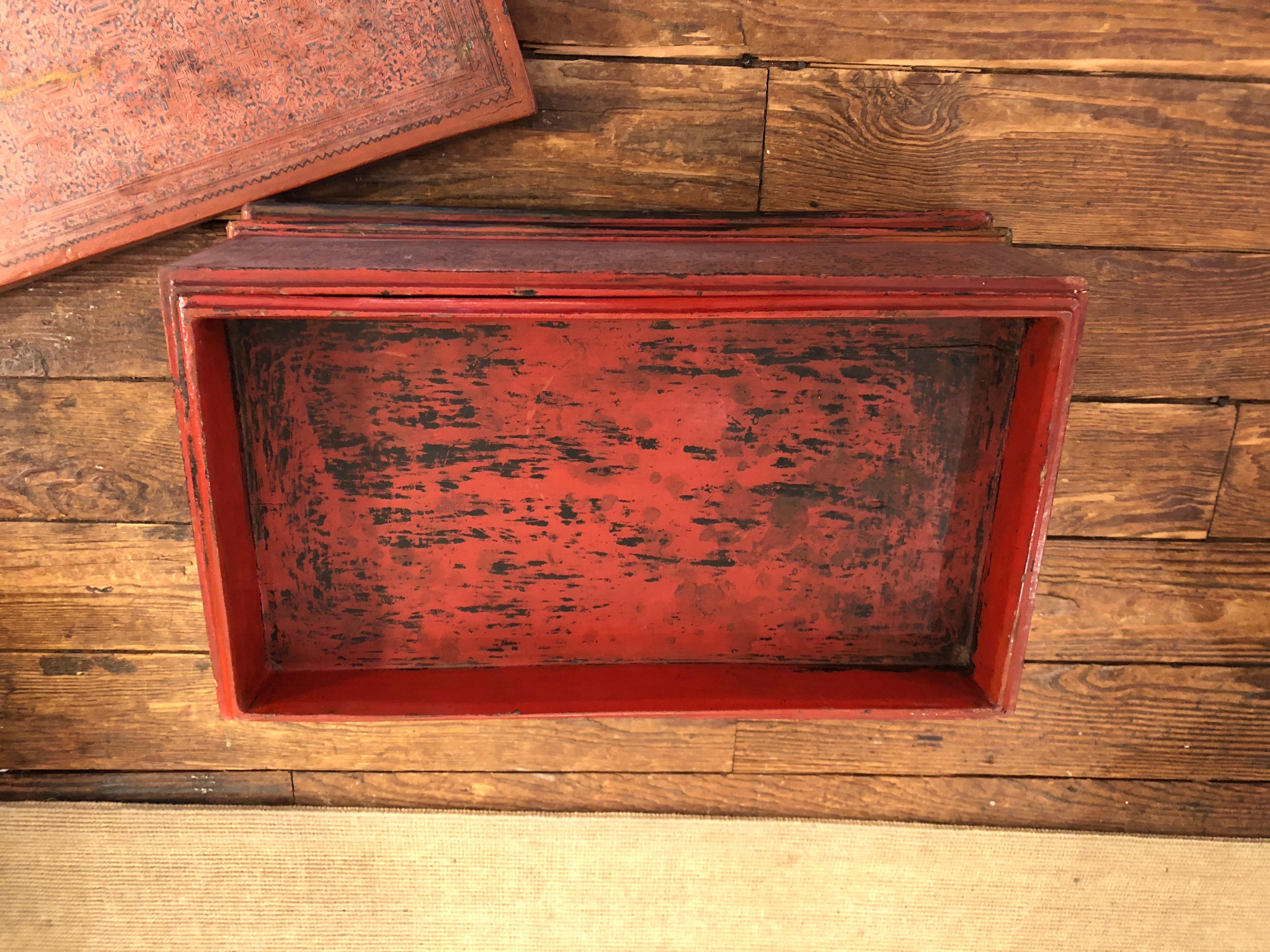 19th Century Magical Old Chinese Box in Faded Cinnabar For Sale
