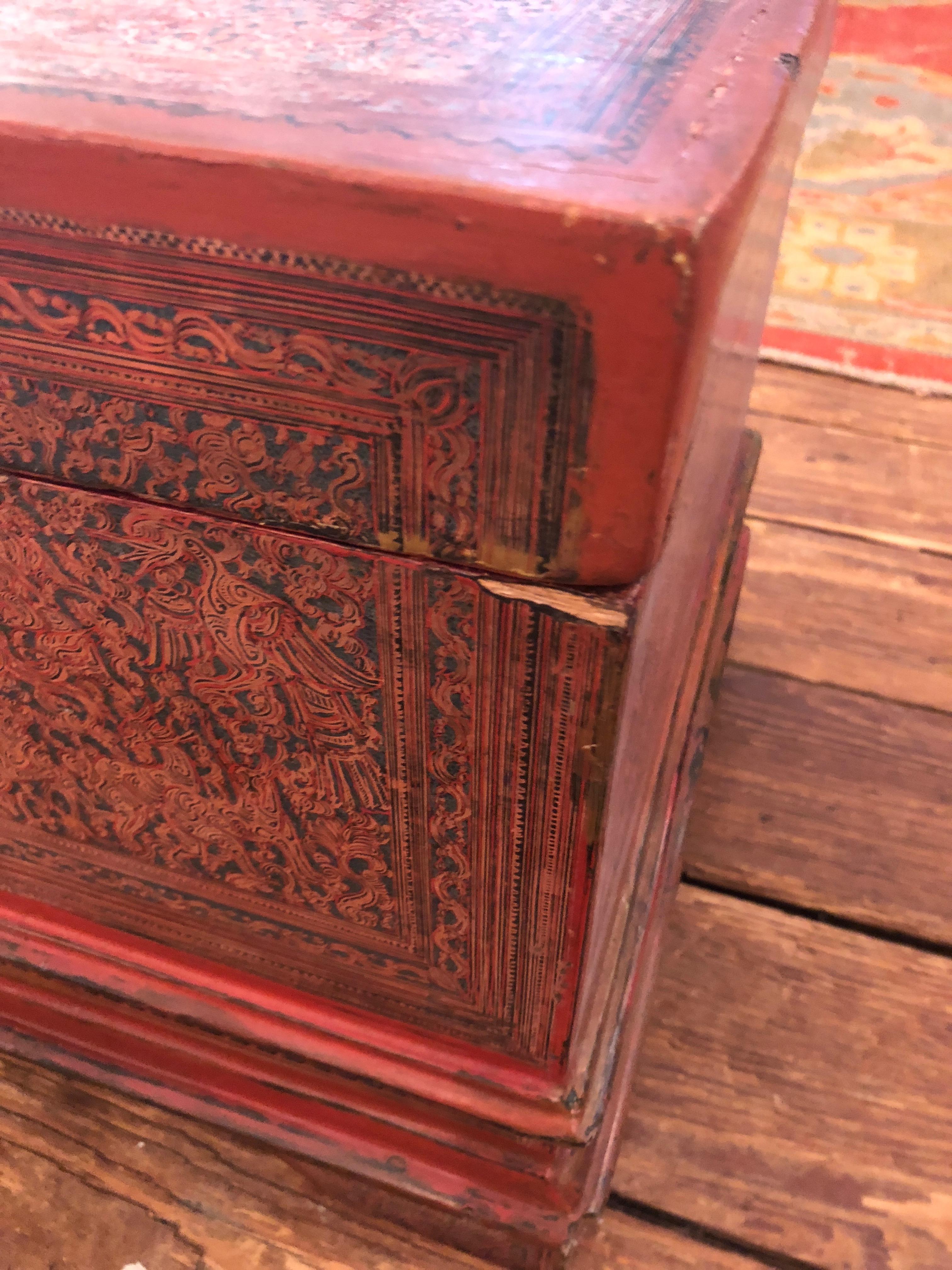 Wood Magical Old Chinese Box in Faded Cinnabar For Sale