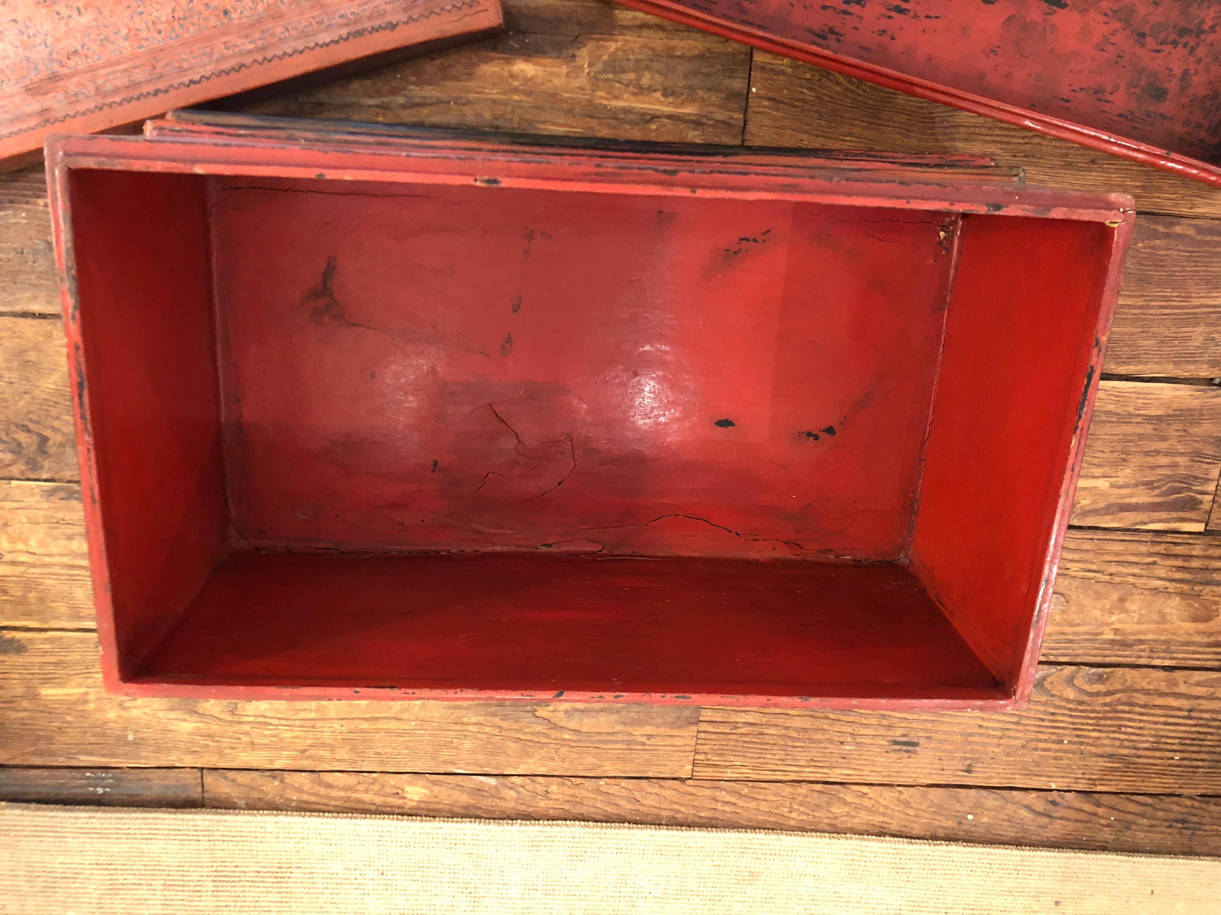 Magical Old Chinese Box in Faded Cinnabar For Sale 1