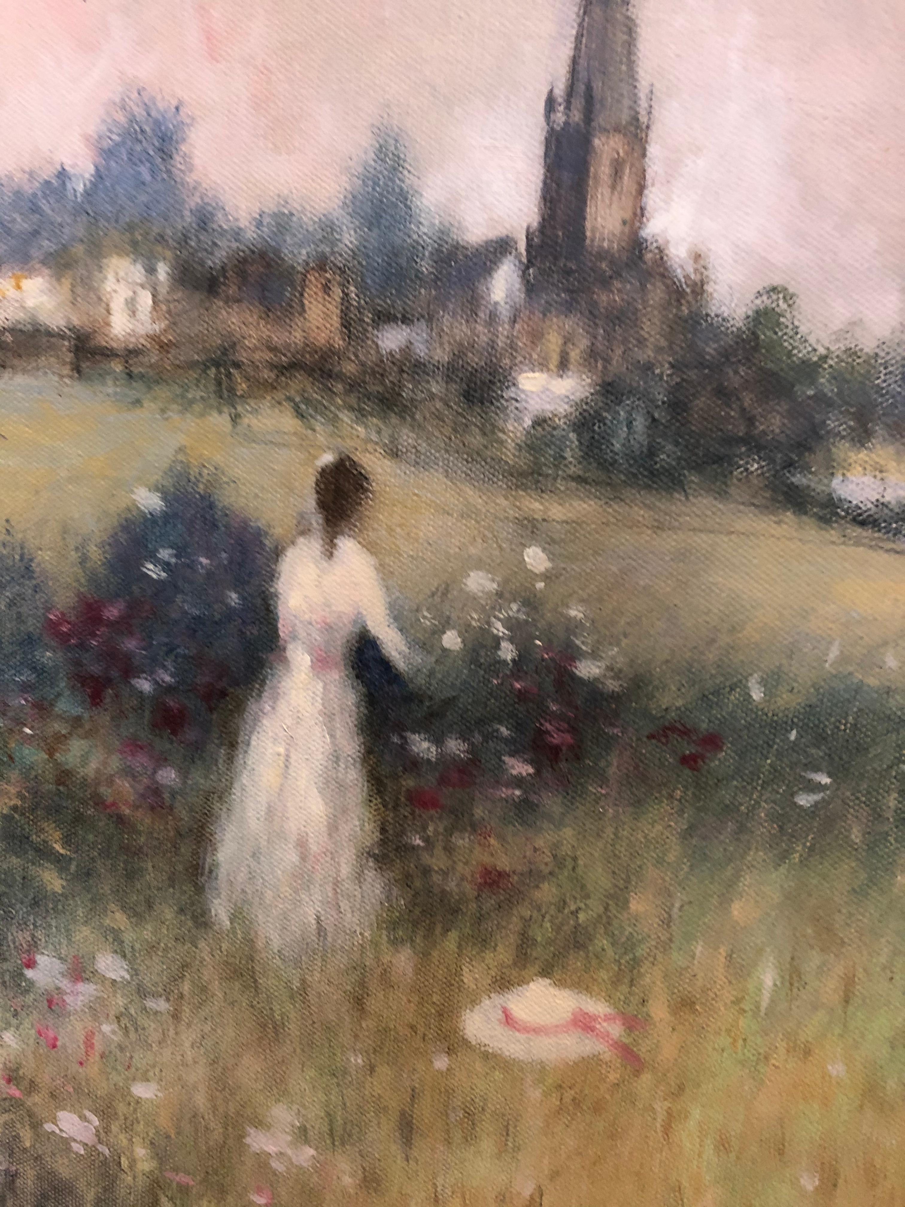 Enchanting jewel like impressionist style large landscape of a lady in flowing white dress, with a view of sheep and church in the distance, perfectly composed with canopy of trees like the curtains on a proscenium stage. By listed artist James