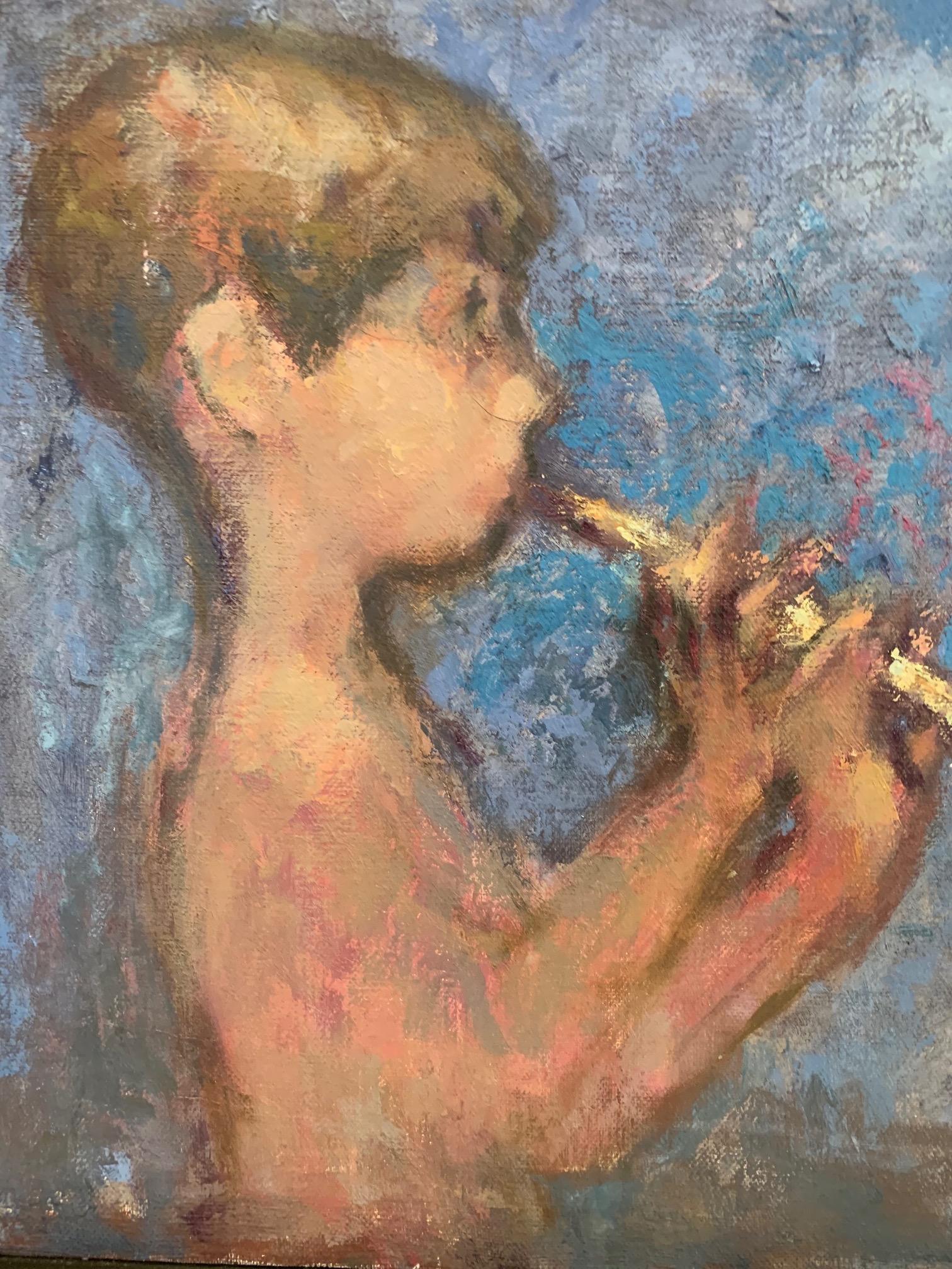 A beautifully rendered oil on canvas of a young boy playing a flute in a wonderful mix of dreamy blues and pinks.
Signed TKS
Original frame gold leaf and ebonized wood.
           