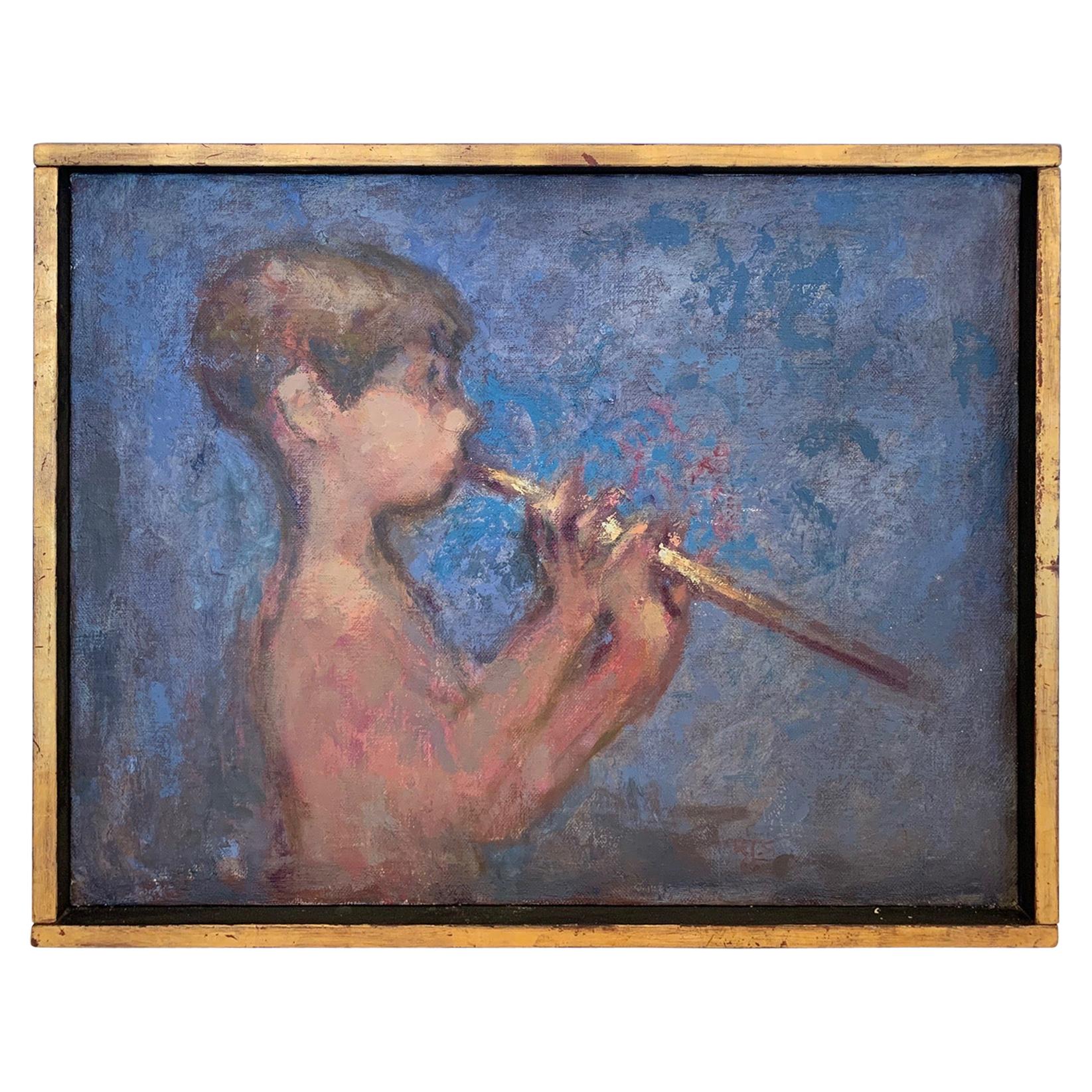 Magical Painting of Boy Playing a Flute For Sale