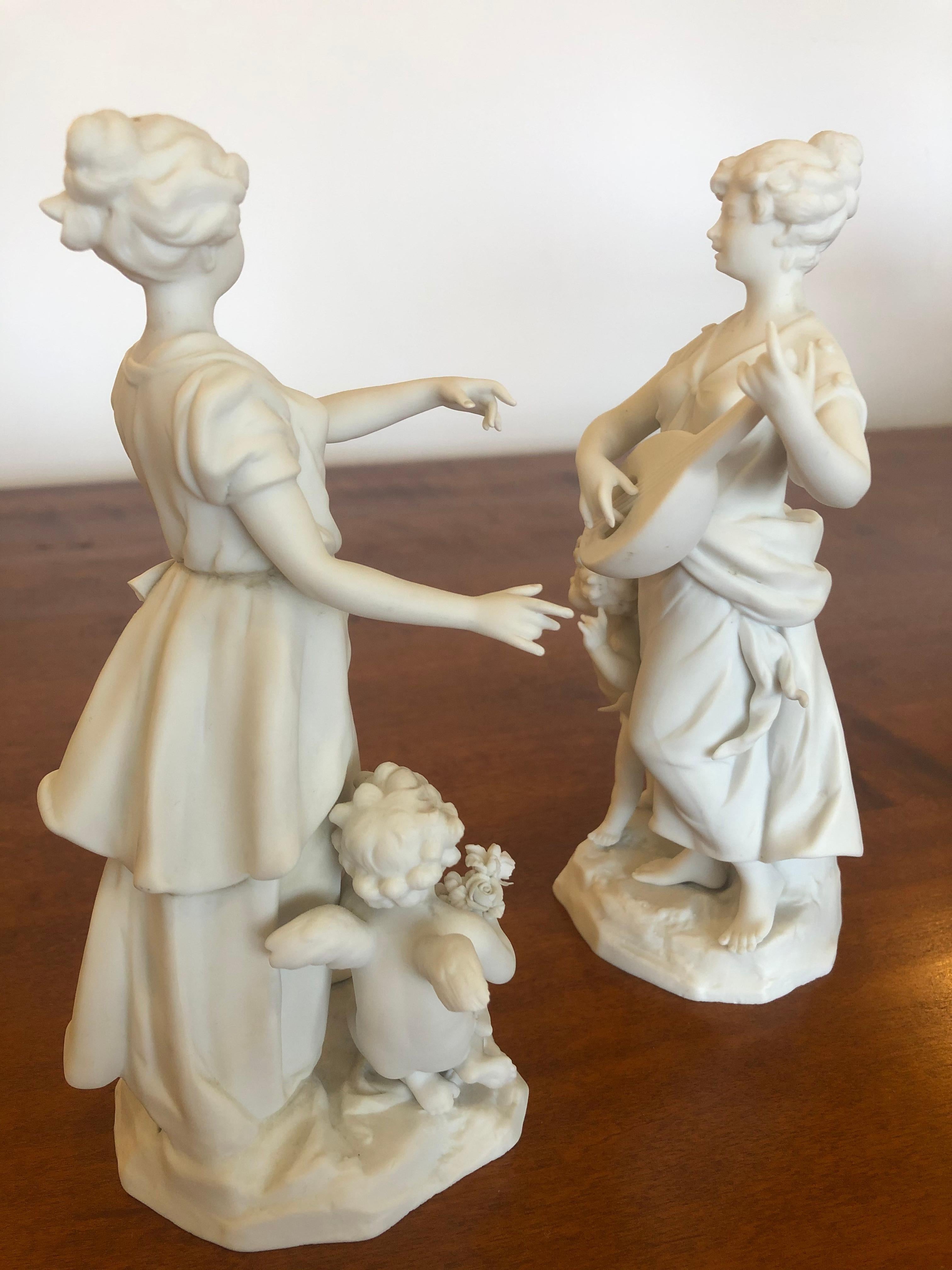 German Magical Pair of Antique Parian Porcelain Bisque Musician Maidens For Sale