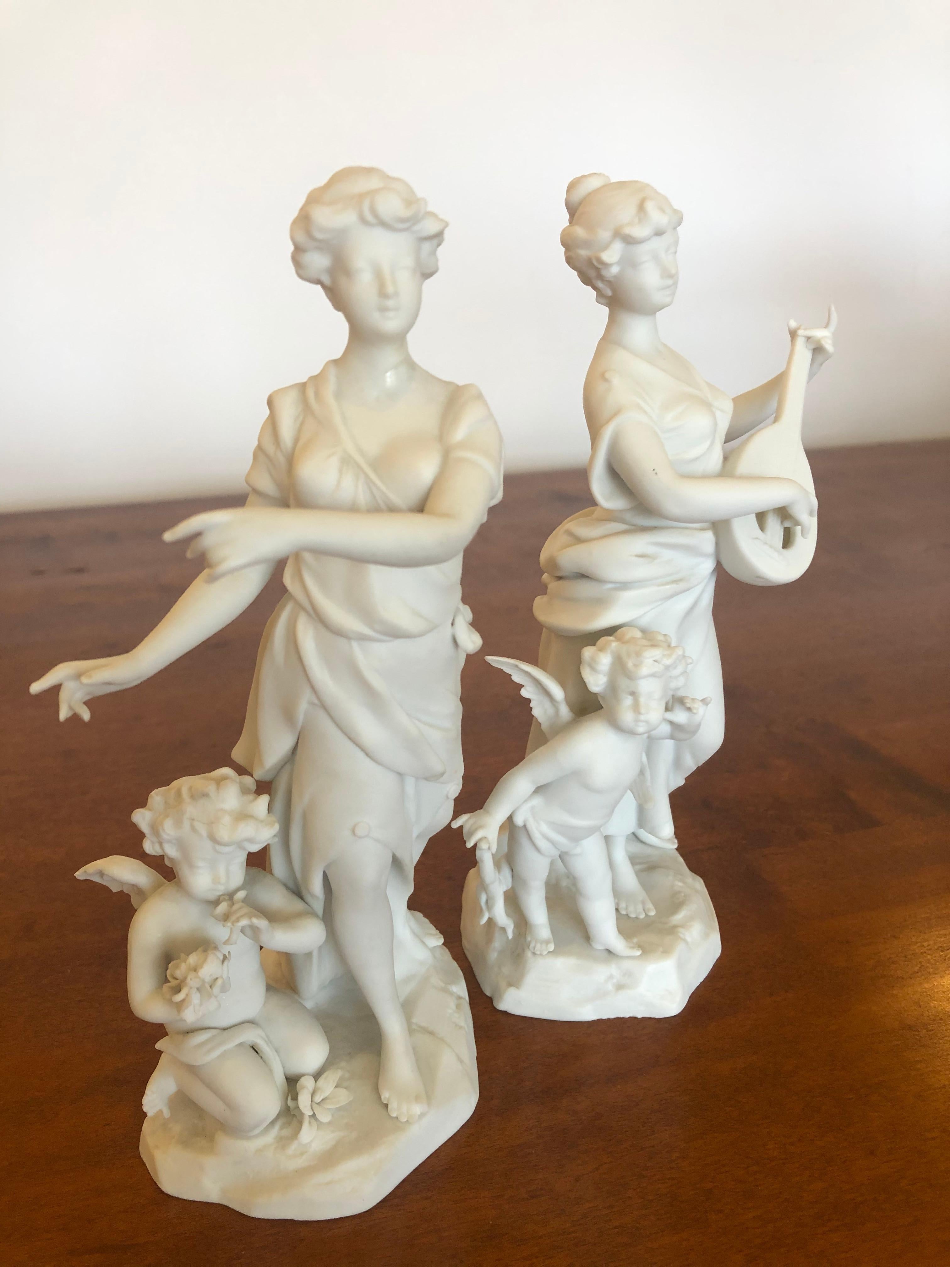 Magical Pair of Antique Parian Porcelain Bisque Musician Maidens For Sale 3