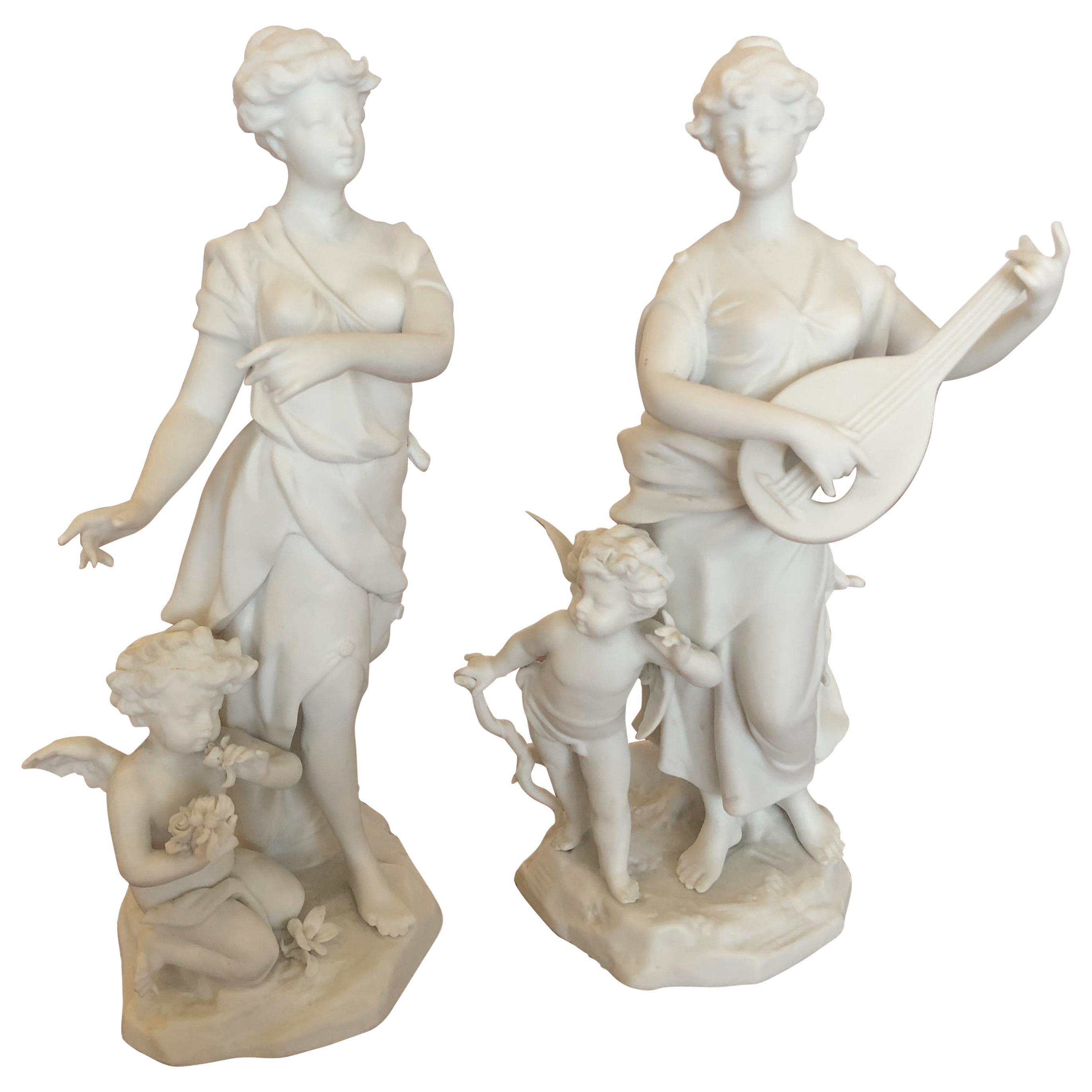Magical Pair of Antique Parian Porcelain Bisque Musician Maidens For Sale