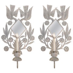Magical Pair of Very Large Zinc Grey Tole Wall Sconces
