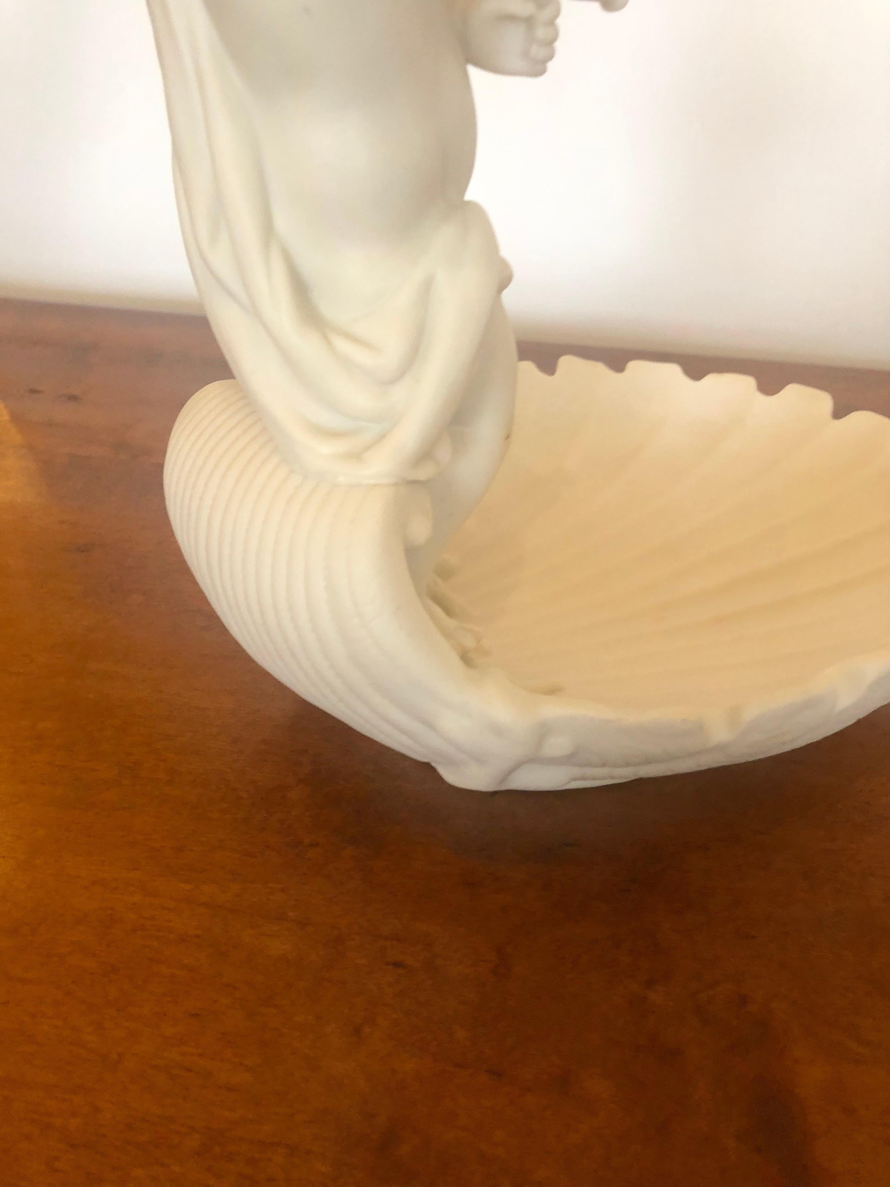 Mid-20th Century Magical Parian Porcelain Shell Motif Dish with Sculptural Putti For Sale