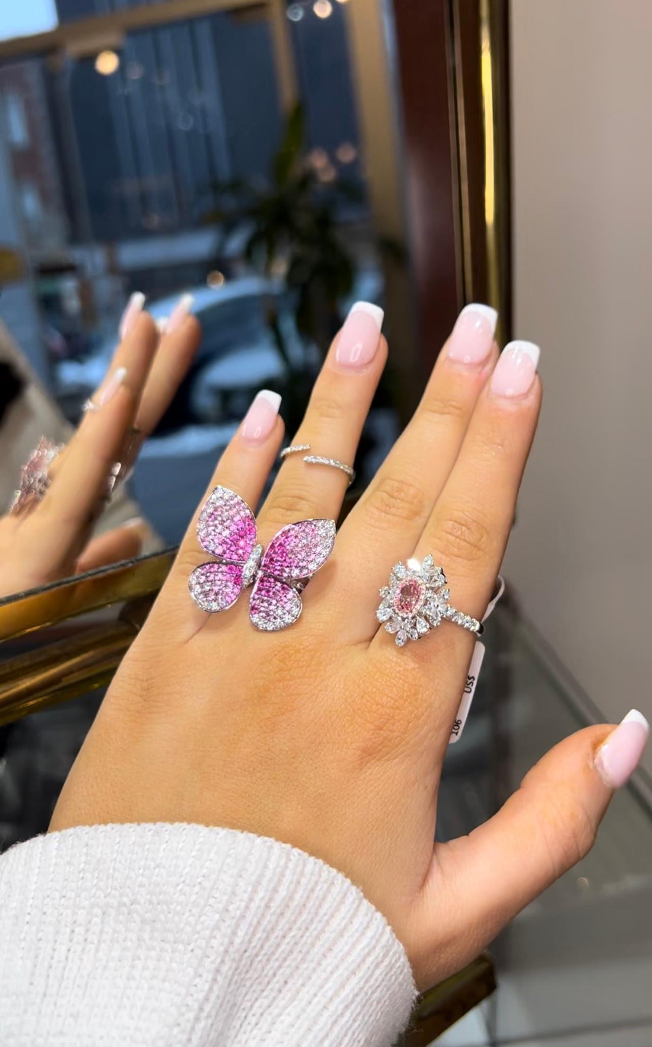 Pink Sapphire and Diamond Butterfly Statement Ring 18K Gold Ombré Magical For Sale 4