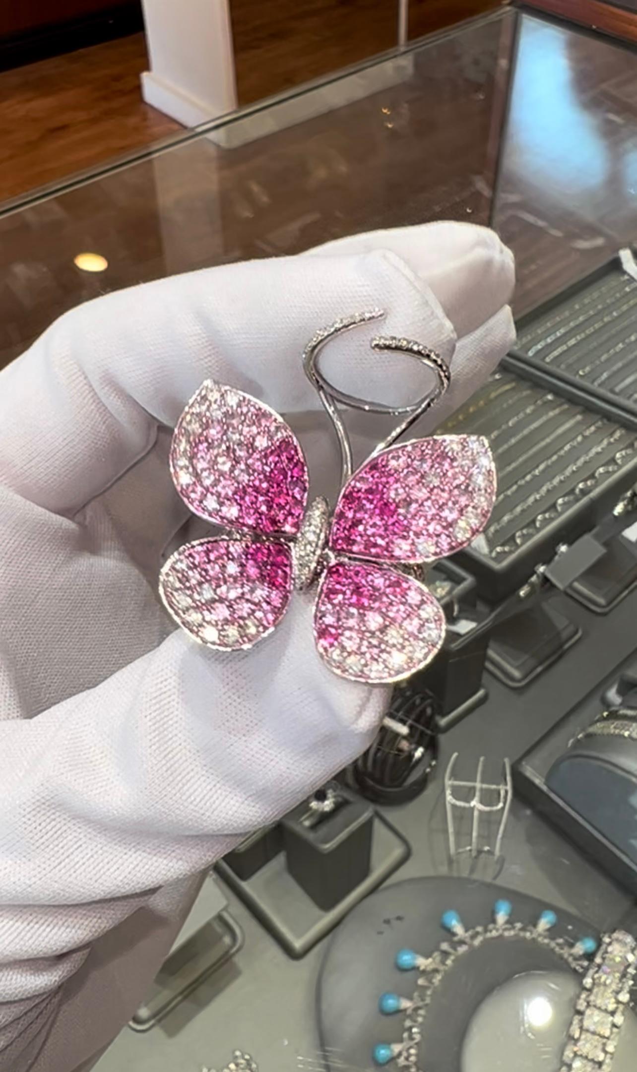 Artist Pink Sapphire and Diamond Butterfly Statement Ring 18K Gold Ombré Magical For Sale