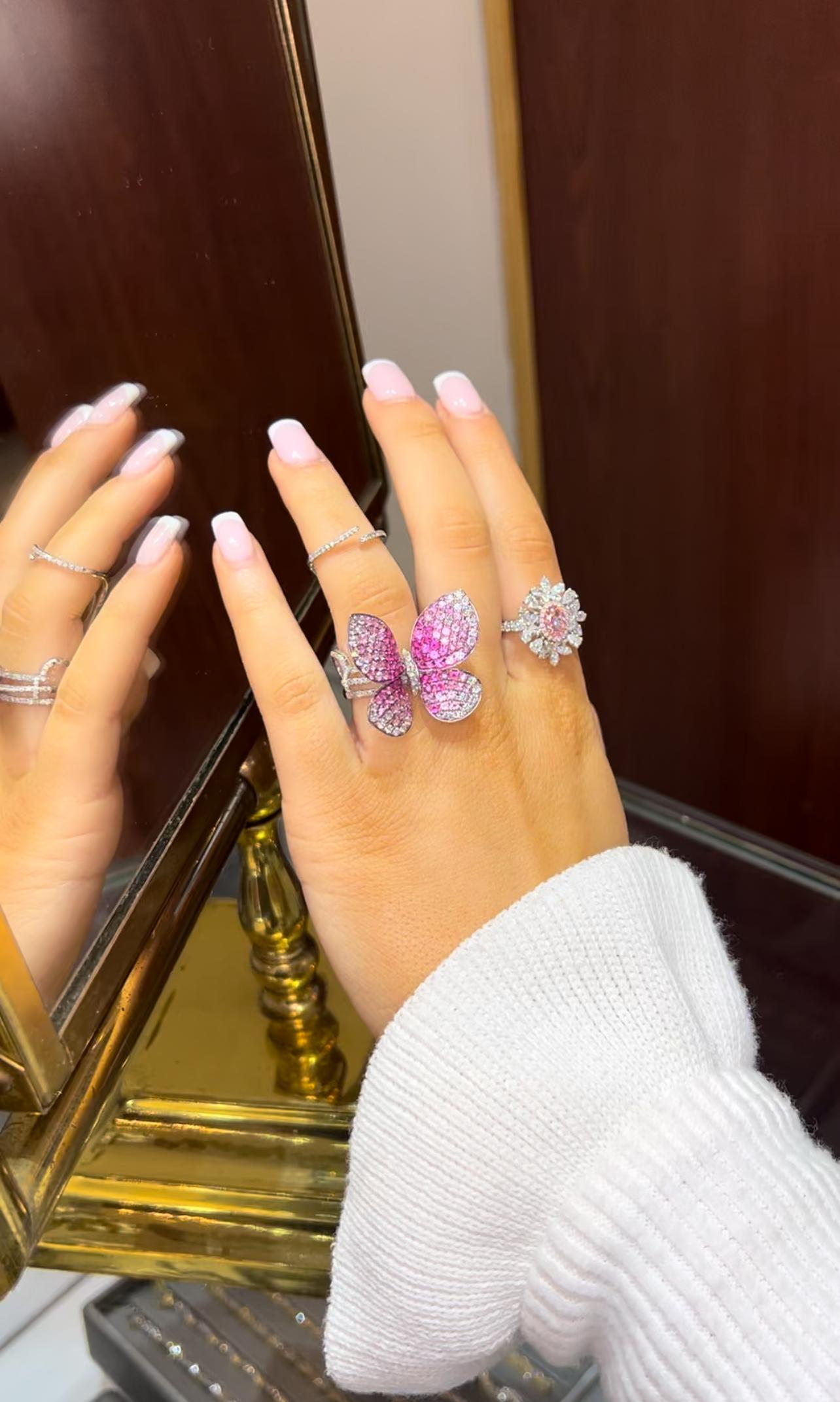 Women's Pink Sapphire and Diamond Butterfly Statement Ring 18K Gold Ombré Magical For Sale