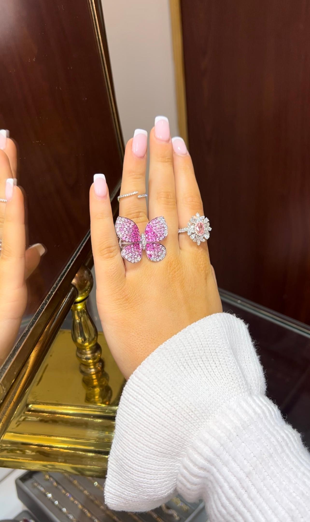 Pink Sapphire and Diamond Butterfly Statement Ring 18K Gold Ombré Magical For Sale 1