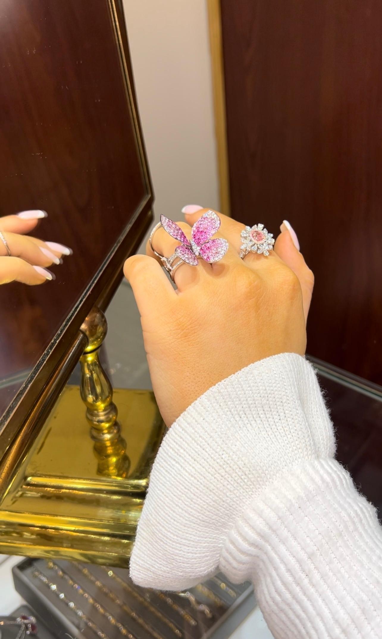 Pink Sapphire and Diamond Butterfly Statement Ring 18K Gold Ombré Magical For Sale 2