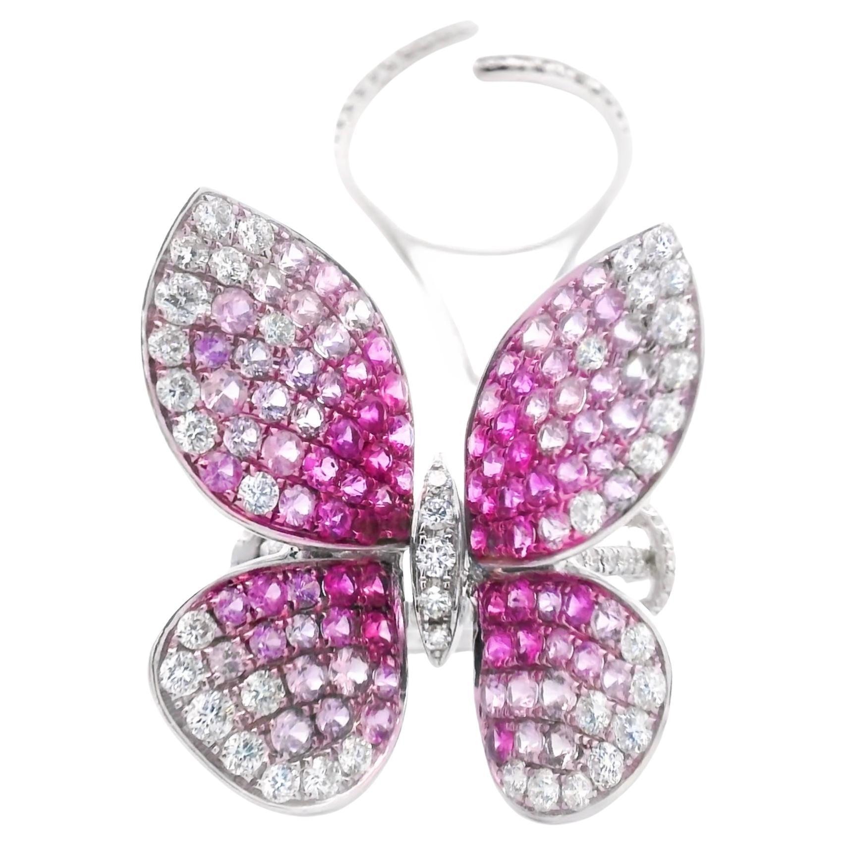 Magical Pink Sapphire and Diamond Ombre Large Butterfly Statement Ring 18K Gold