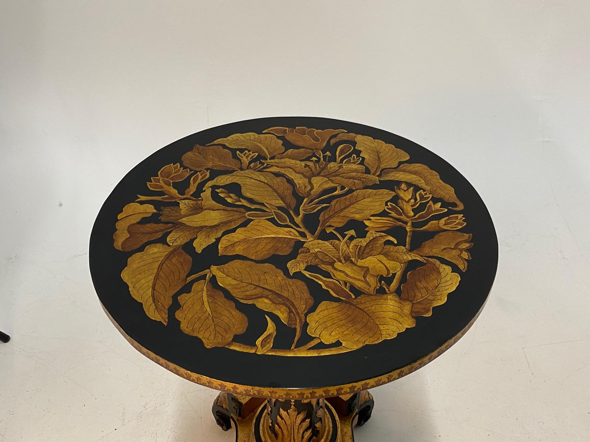 Mid-20th Century Magical Round Hand Carved Ebonized & Gilt Hand Painted Side Table For Sale