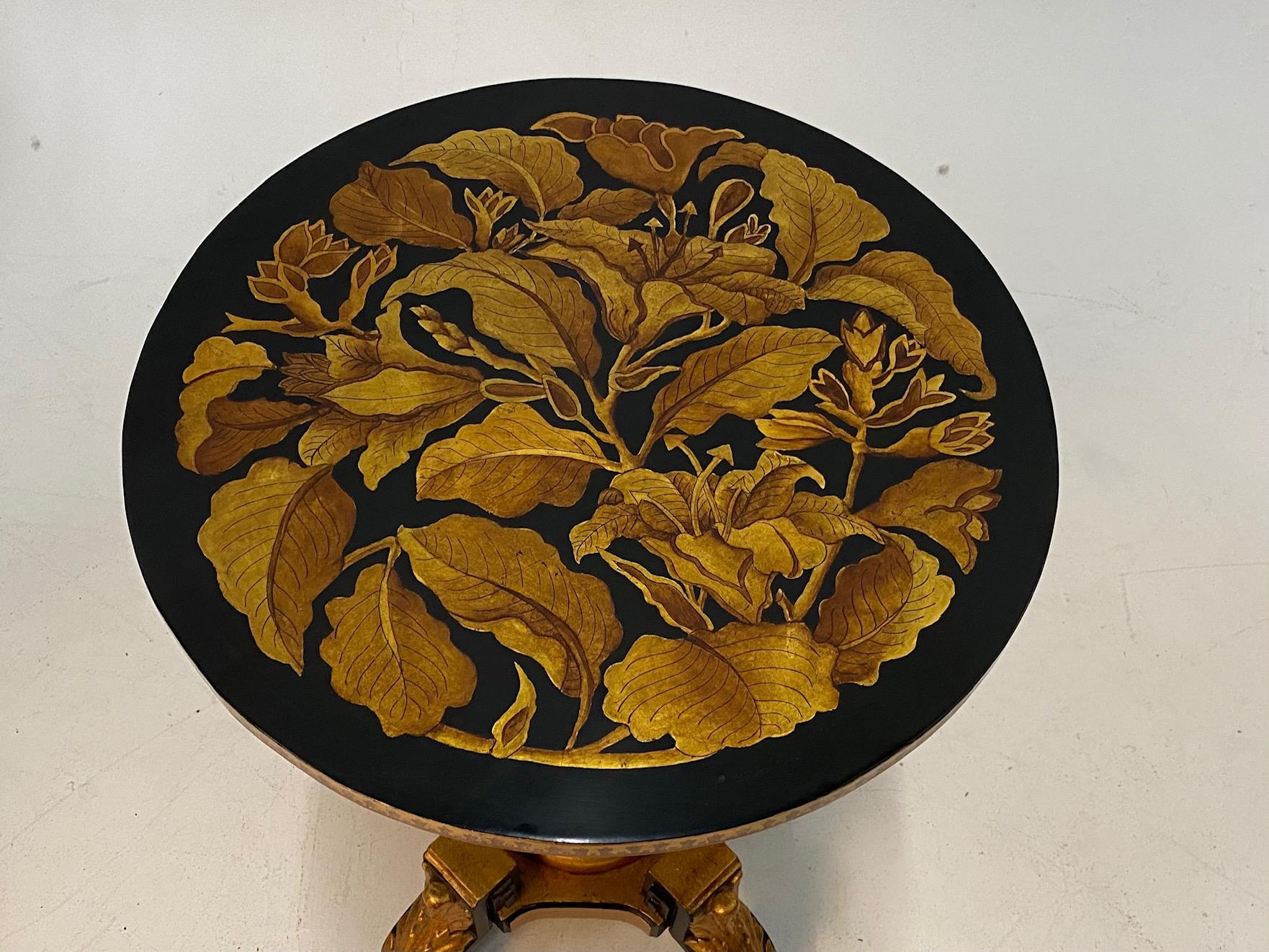 Wood Magical Round Hand Carved Ebonized & Gilt Hand Painted Side Table For Sale