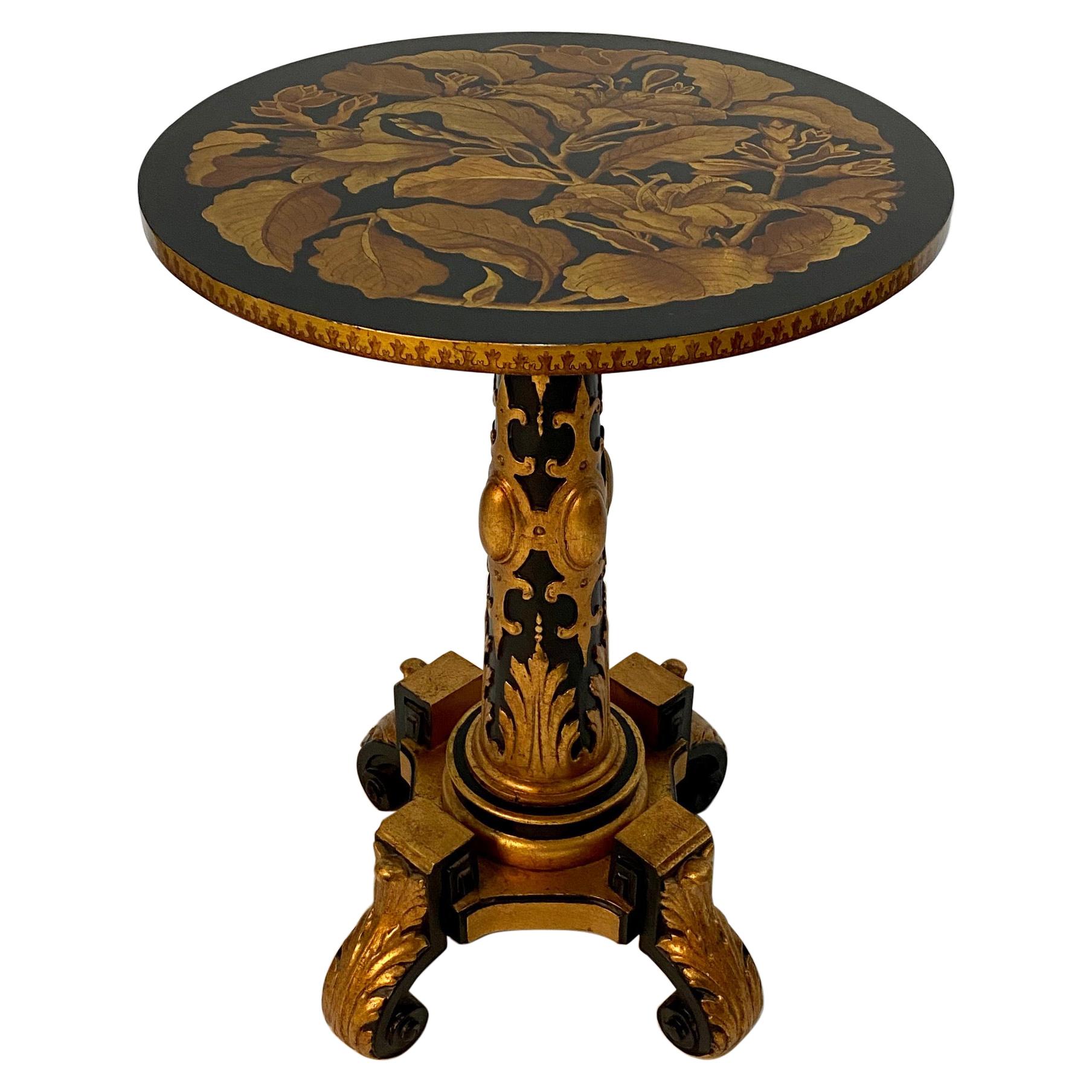 Magical Round Hand Carved Ebonized & Gilt Hand Painted Side Table For Sale
