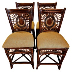 Magical Set of 4 Bamboo Rattan & Upholstered Vintage Counter Stools with Backs