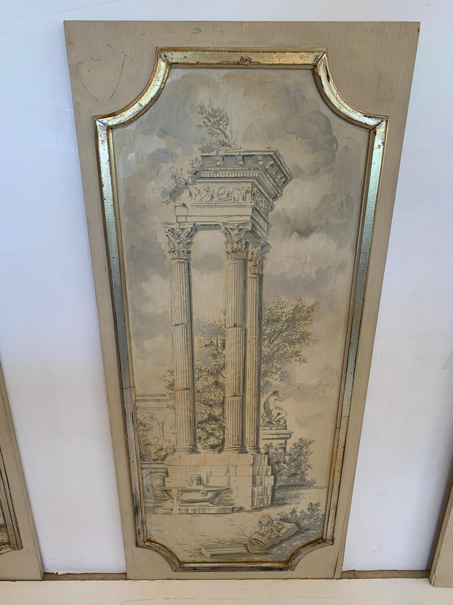 Wood Magical Set of 4 Neoclassical Panels with Silver Gilt Frames