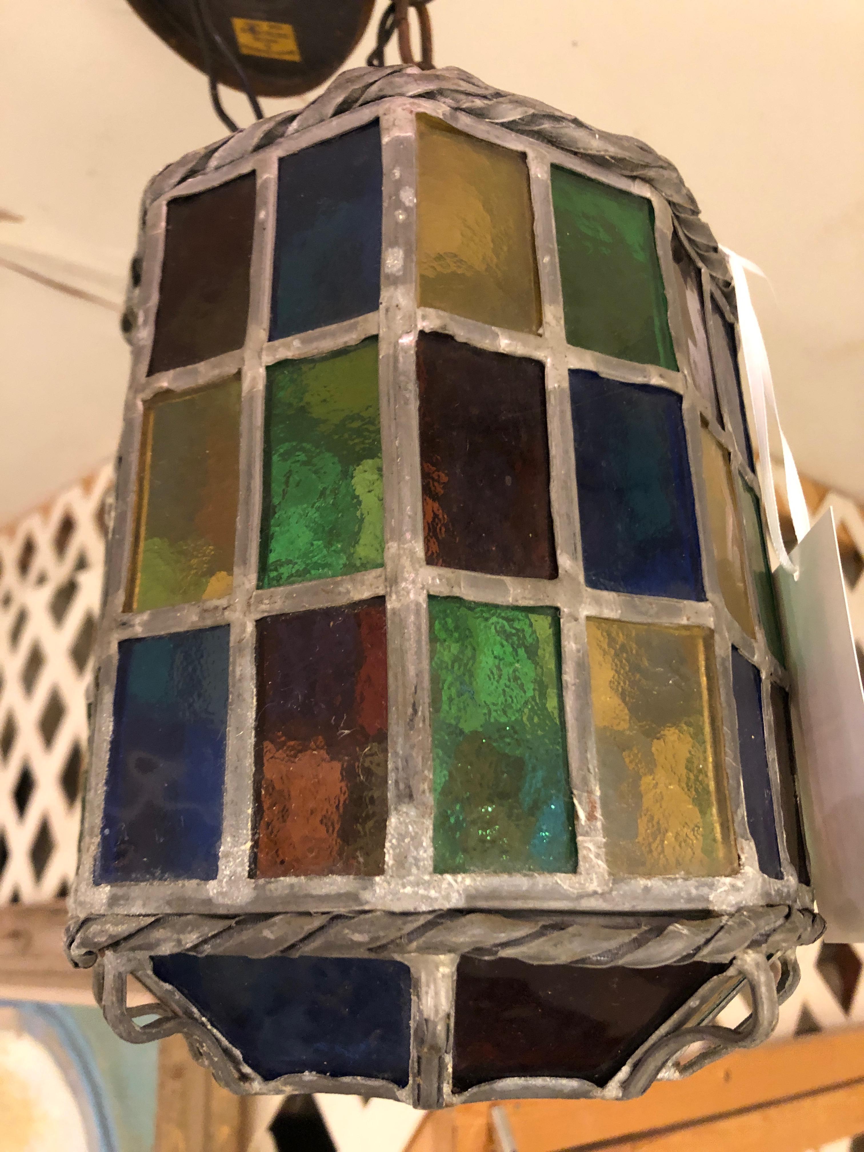 Magical Stained Glass Lantern Shaped Pendant Chandelier In Excellent Condition In Hopewell, NJ
