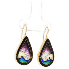 Fusager Demski 14K Gold Cloisonné Teardrop Dangle Earrings, Circa 1988