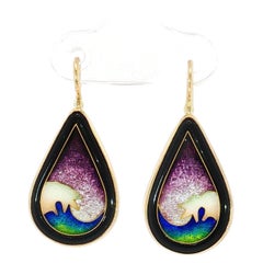 Fusager Demski 14K Gold Cloisonné Teardrop Dangle Earrings, Circa 1988