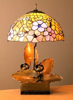 Art Nouveau Inspired Metal Sculptural Lotus Lamp with Stained Glass Shade