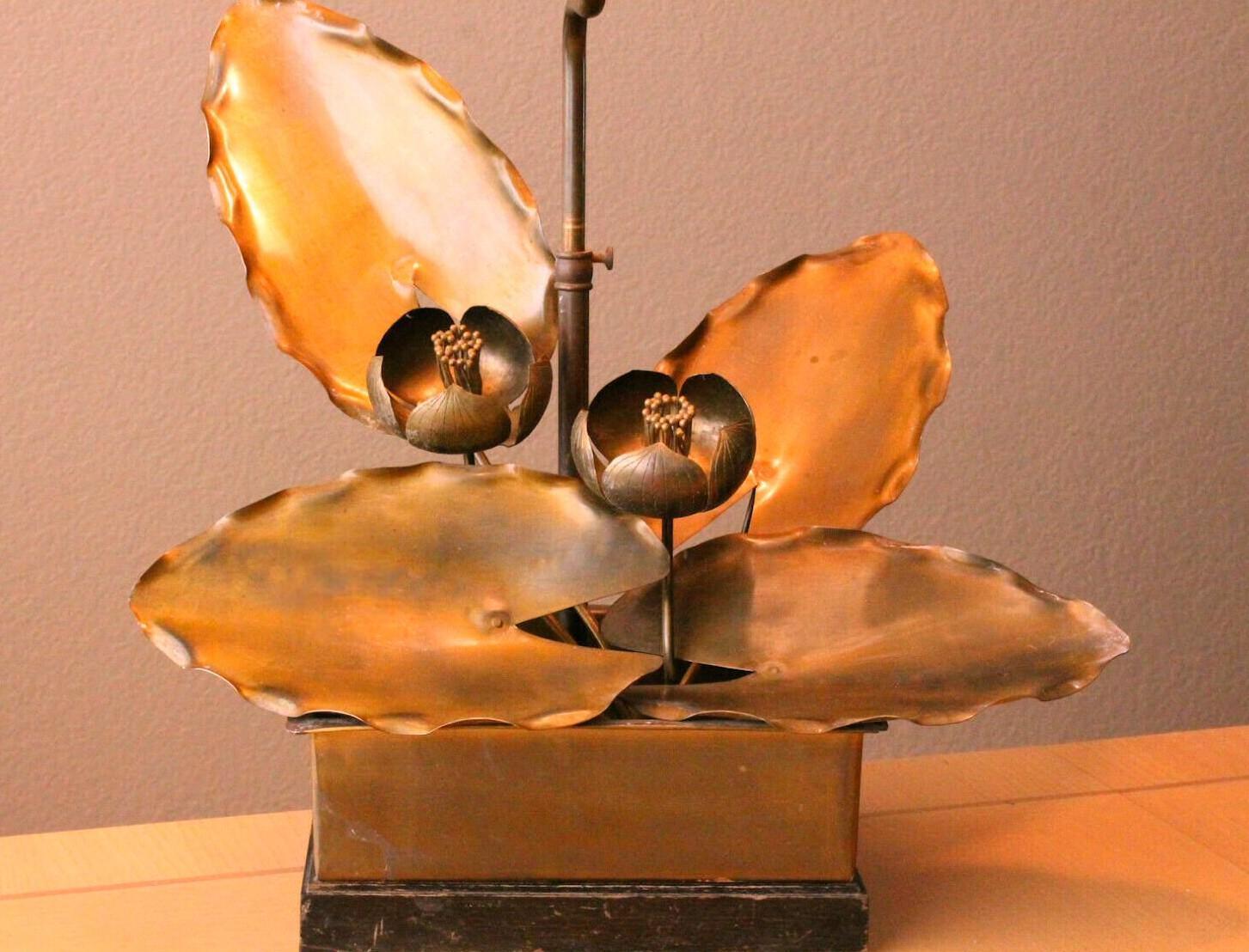American Magificent 1920s Art Nouveau Metal Sculptural Lotus Lamp. Camed Art Glass For Sale