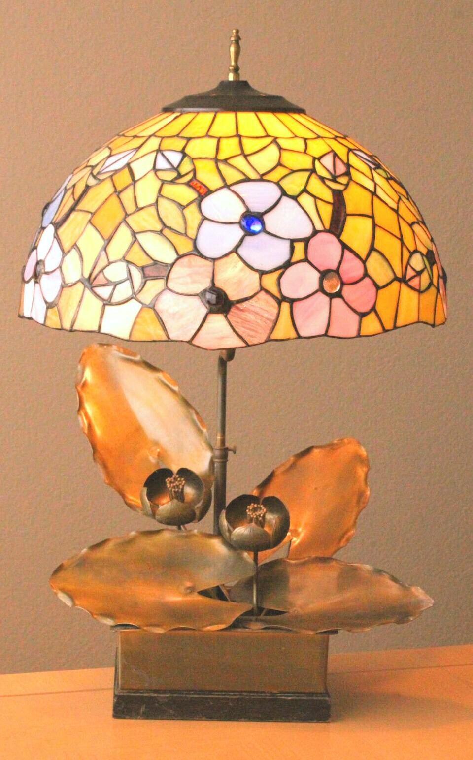 American Magificent 1920s Art Nouveau Metal Sculptural Lotus Lamp. Camed Art Glass For Sale