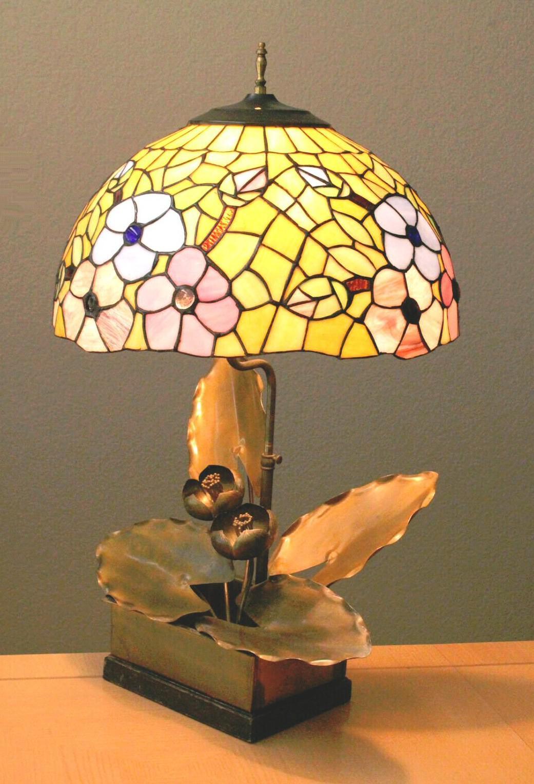 Early 20th Century Magificent 1920s Art Nouveau Metal Sculptural Lotus Lamp. Camed Art Glass For Sale