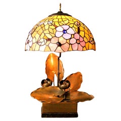Antique Magificent 1920s Art Nouveau Metal Sculptural Lotus Lamp. Camed Art Glass