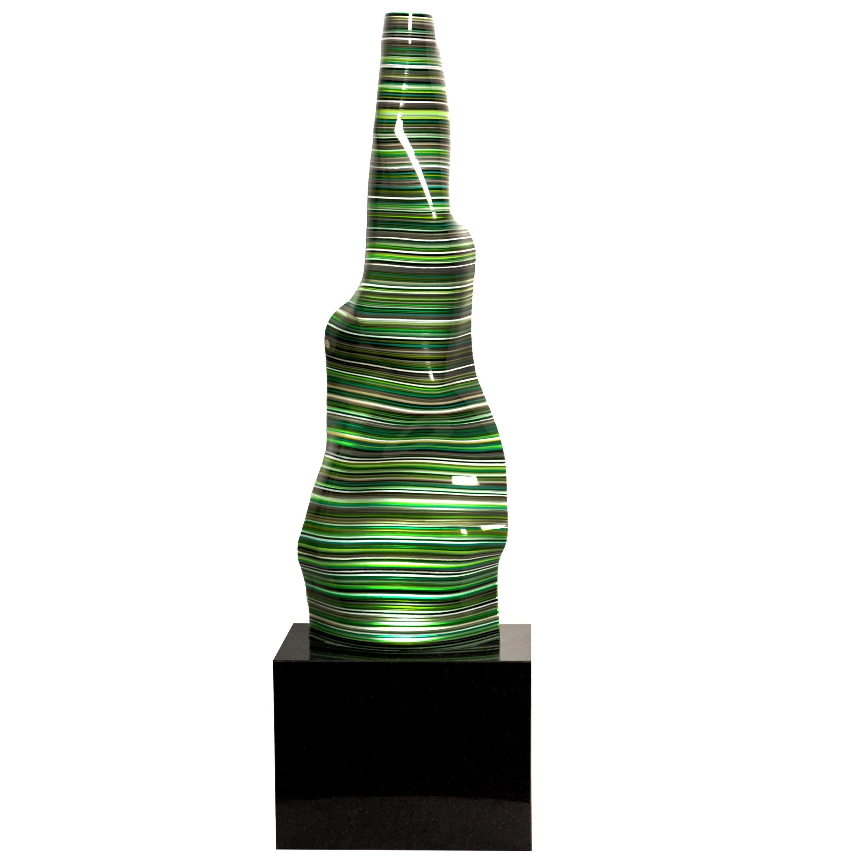 Magikarpet Medium gestreifte grüne Barcode-Glaslampe, schwarzer Granit, Beleuchtungsfuß