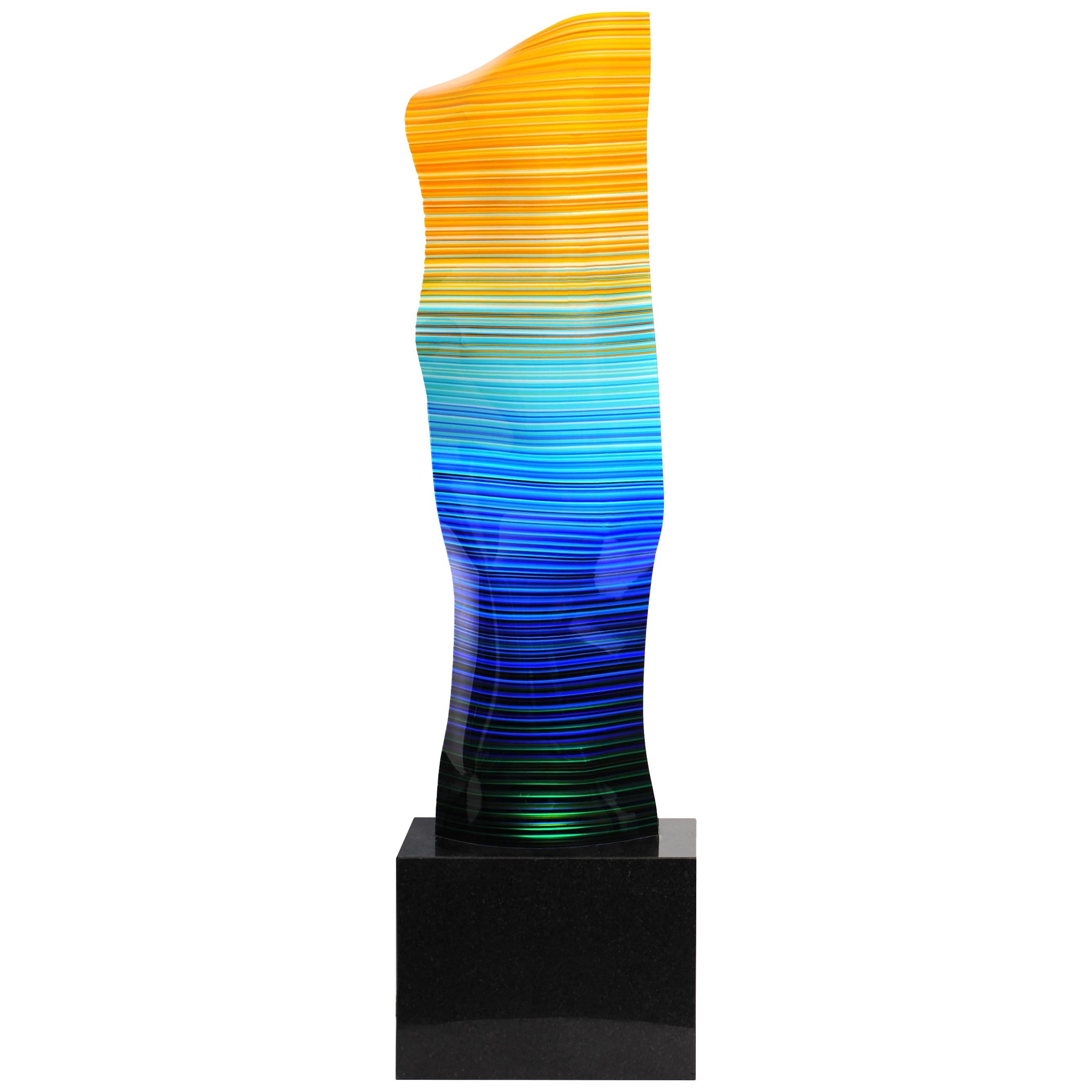 Magikarpet Lampada media in vetro con codice a barre giallo e blu Base di illuminazione in granito nero