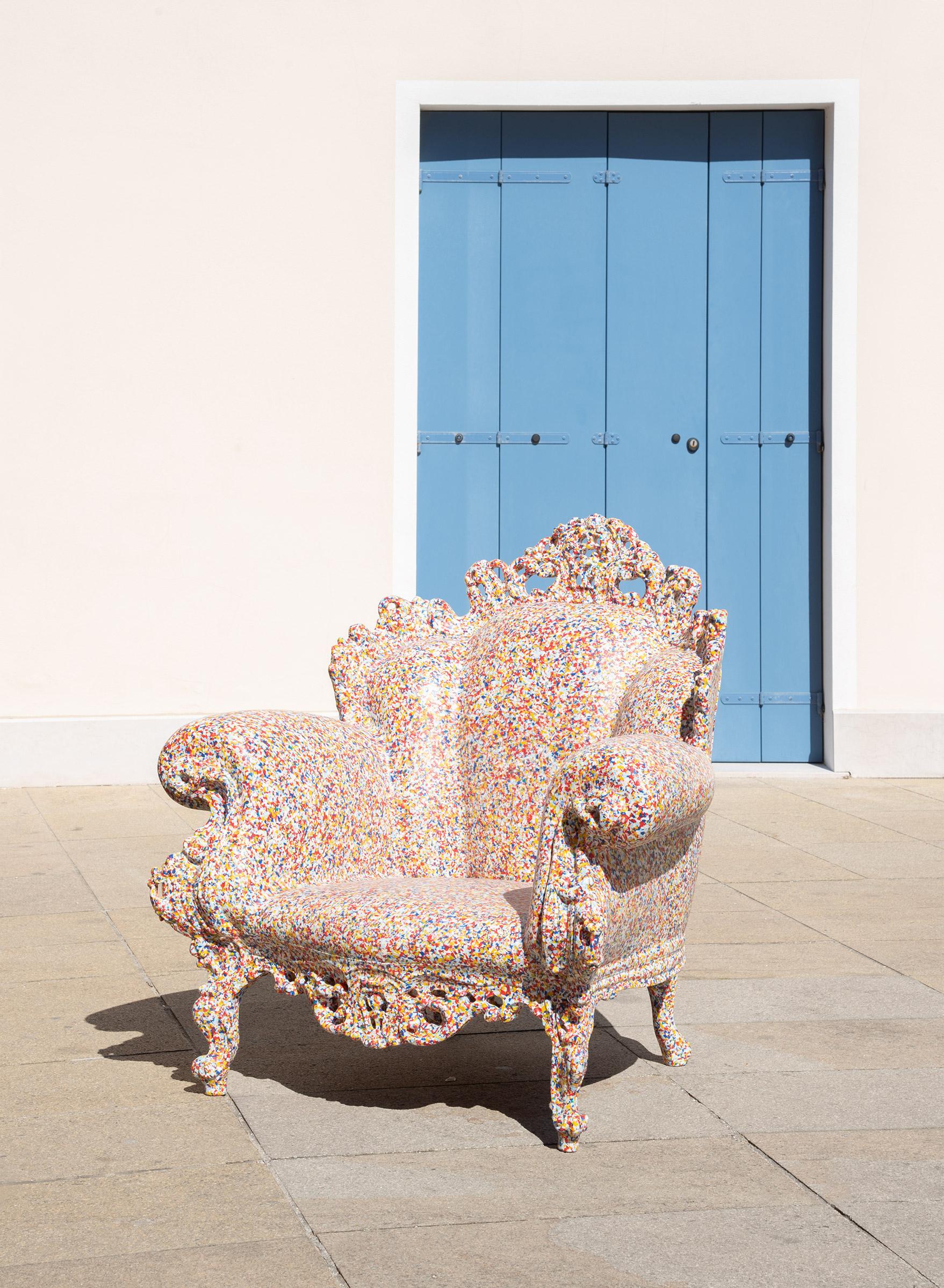 “I think many people will already know my “Proust armchair”. It is a romantic, baroque chair, on which an endless number of multi-coloured dots are hand-paint- ed using the pointillism technique. These dots cover the whole armchair, both the fabric
