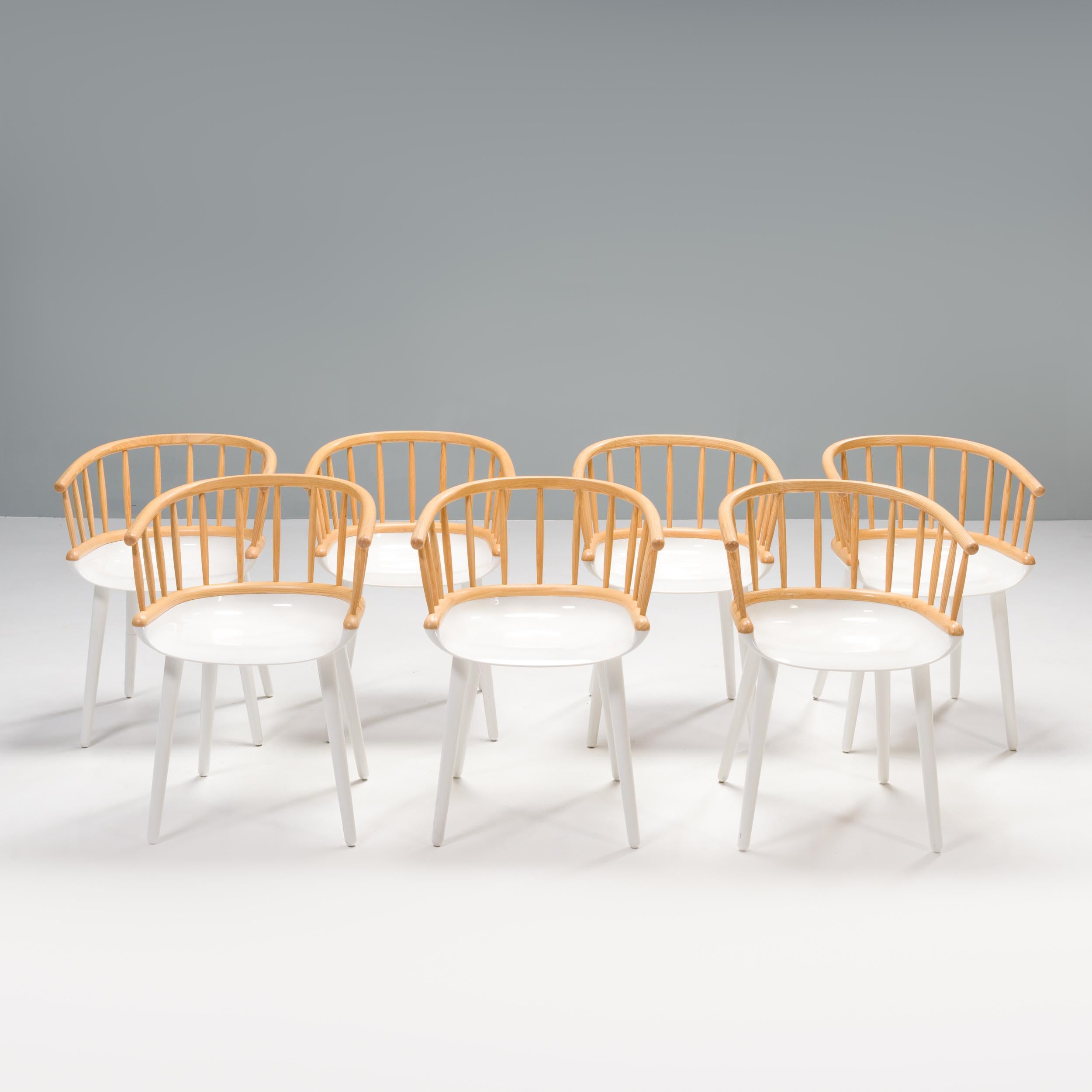 Modern Magis White & Natural Ash Cyborg Stick Dining Chairs, Set of 7