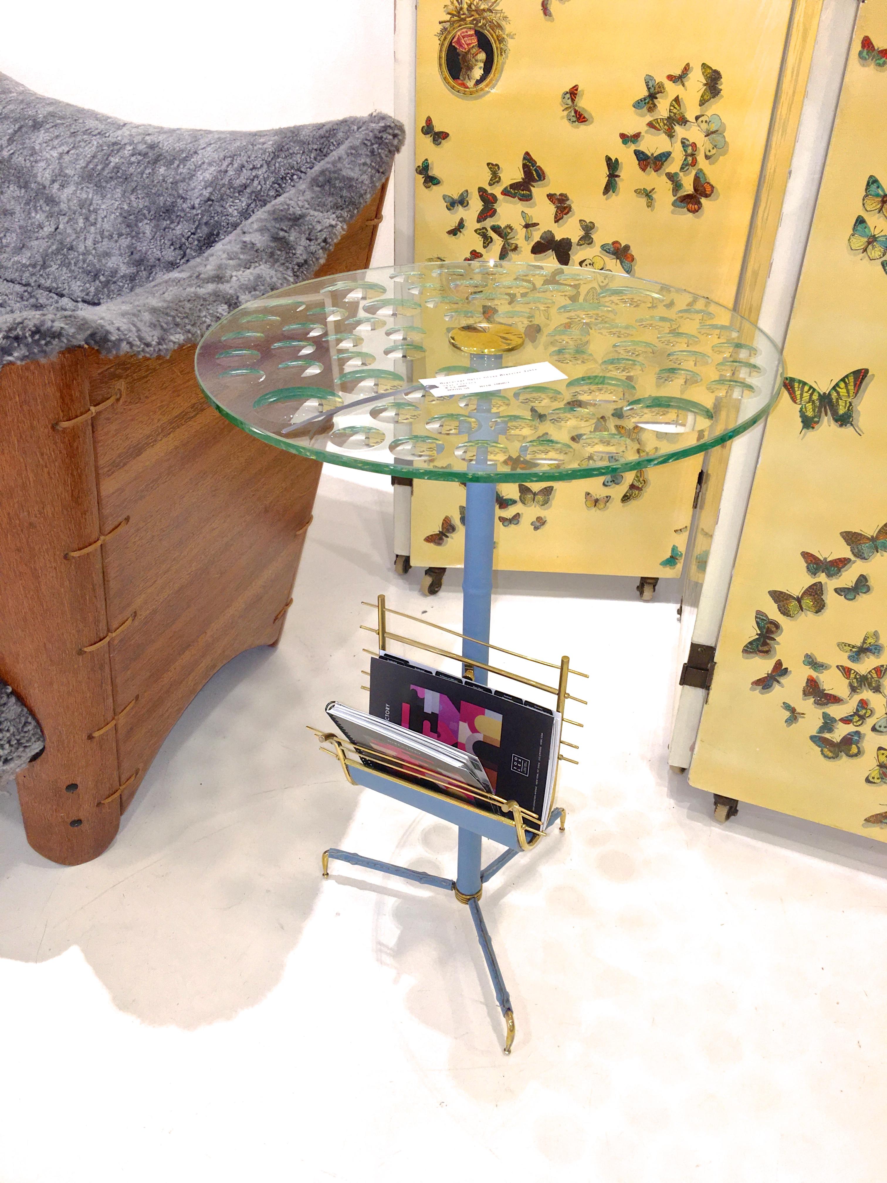 Custom crafted by our own master metalsmith in our workshop/studio is this stylish occasional table which fuses our favorite design elements of leather wrapped brass bamboo. 

The optic bubble wheel-ground glass is an original Magiscope by Feliciano