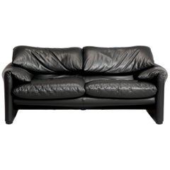 Magistretti for Cassina Black Leather Maralunga Two-Seater Sofa, 2000s