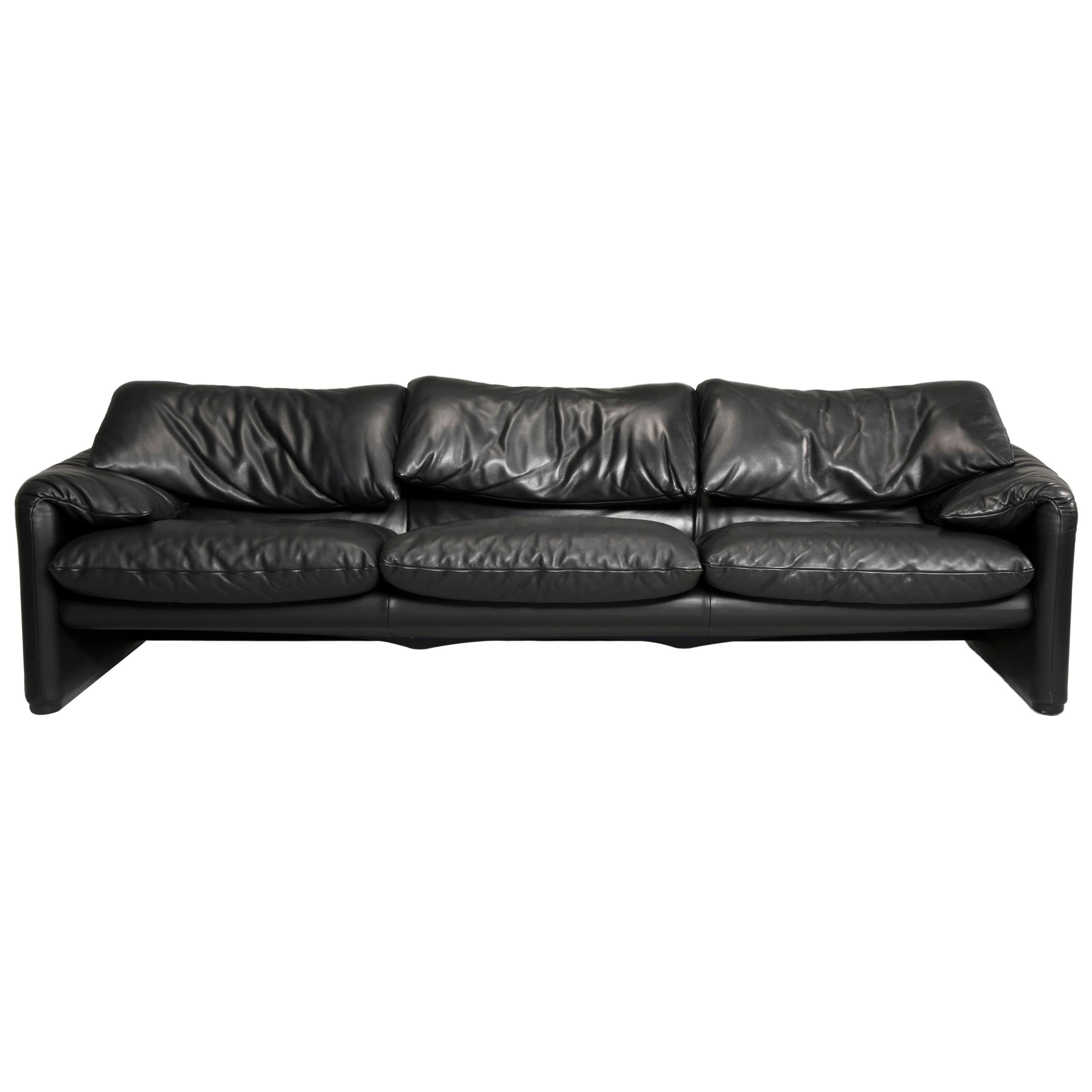 Magistretti for Cassina Black Leather Maralunga Three-Seat Sofa, 2000s