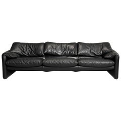 Vintage Magistretti for Cassina Black Leather Maralunga Three-Seat Sofa, 2000s